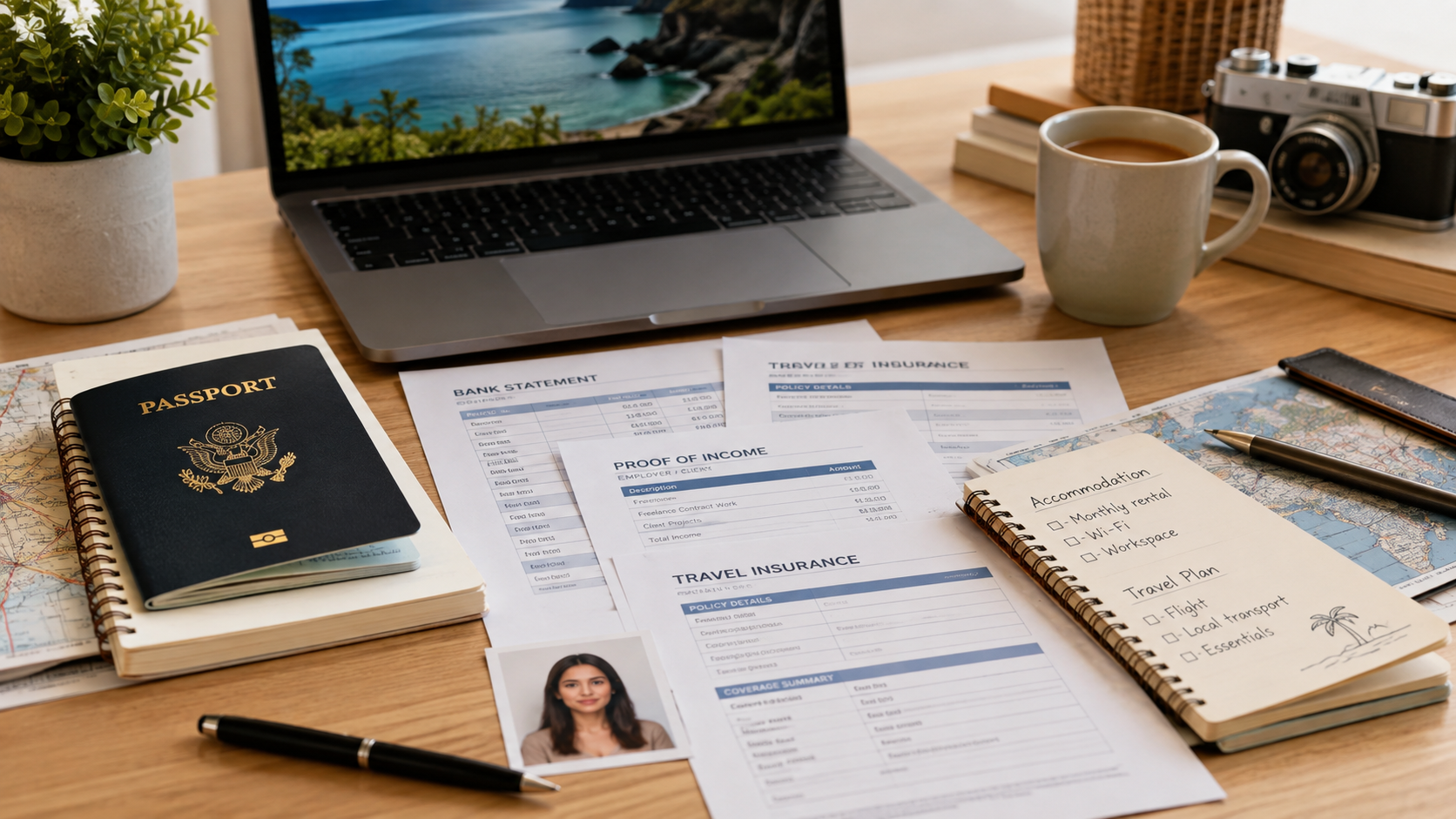 How to Apply for a Digital Nomad Visa Passport, laptop, bank statements, insurance documents and visa application materials for digital nomads