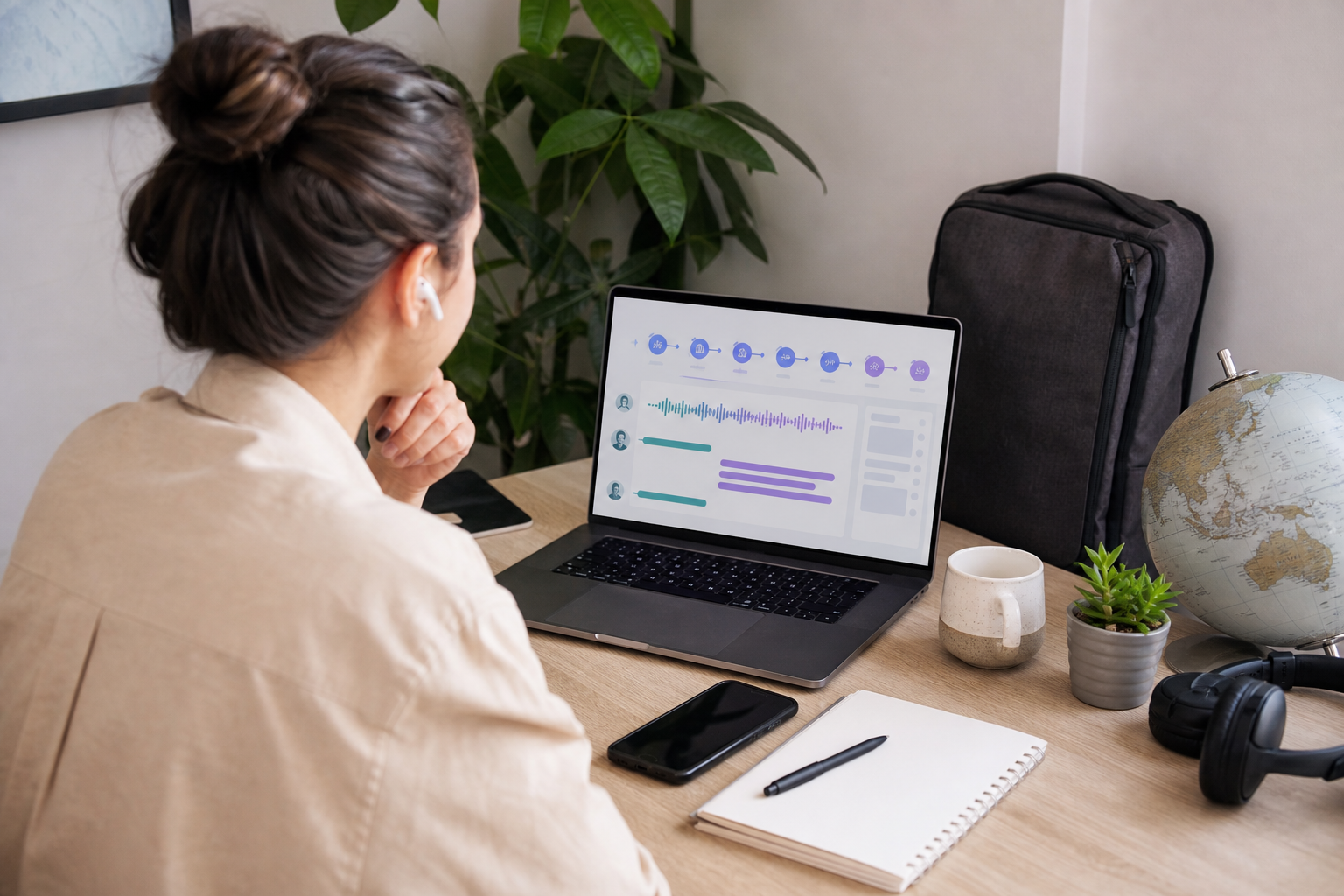 Remote professional reviewing meeting audio, transcript, summary, and action items across multiple devices