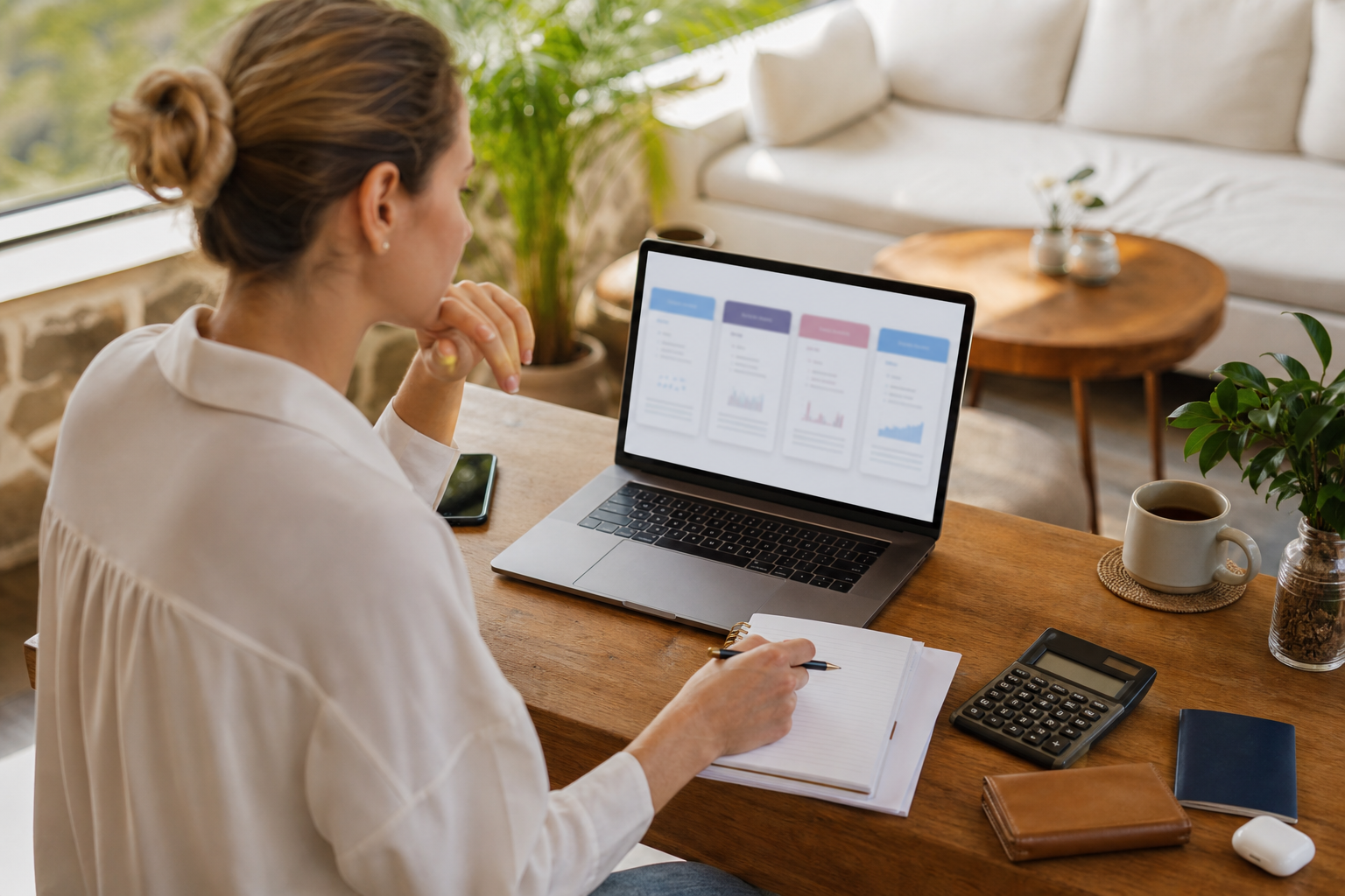 Remote worker comparing AI meeting-note software plans at a laptop with a calculator and notebook
