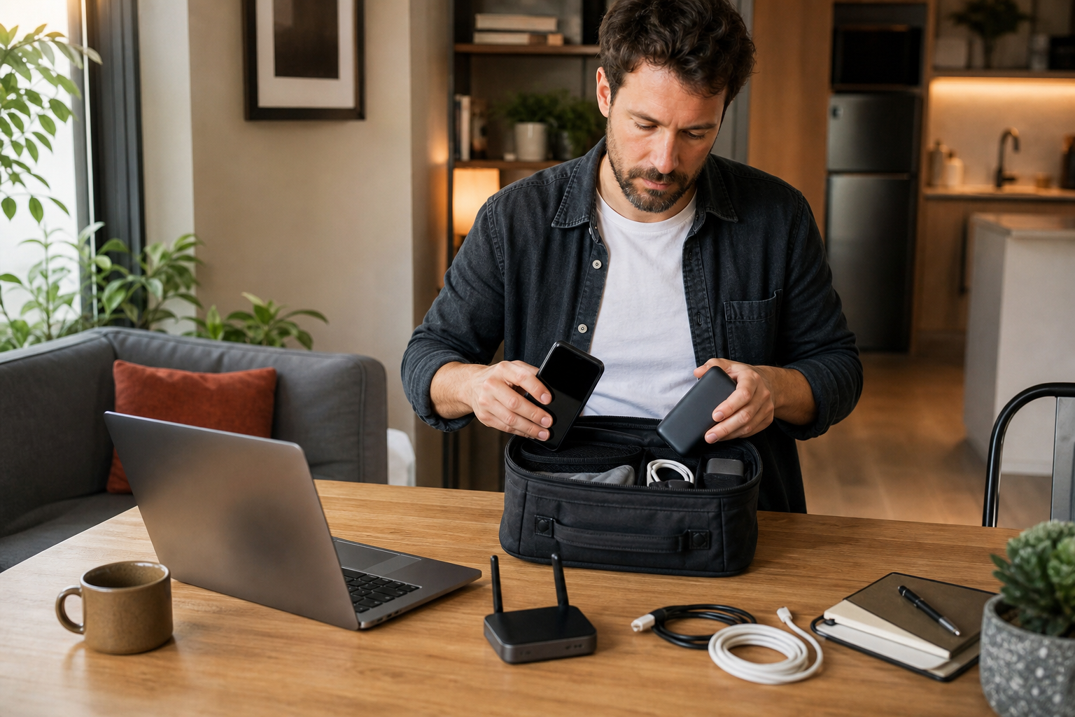 Remote worker preparing a mobile hotspot and backup battery beside a laptop in a rental apartment
