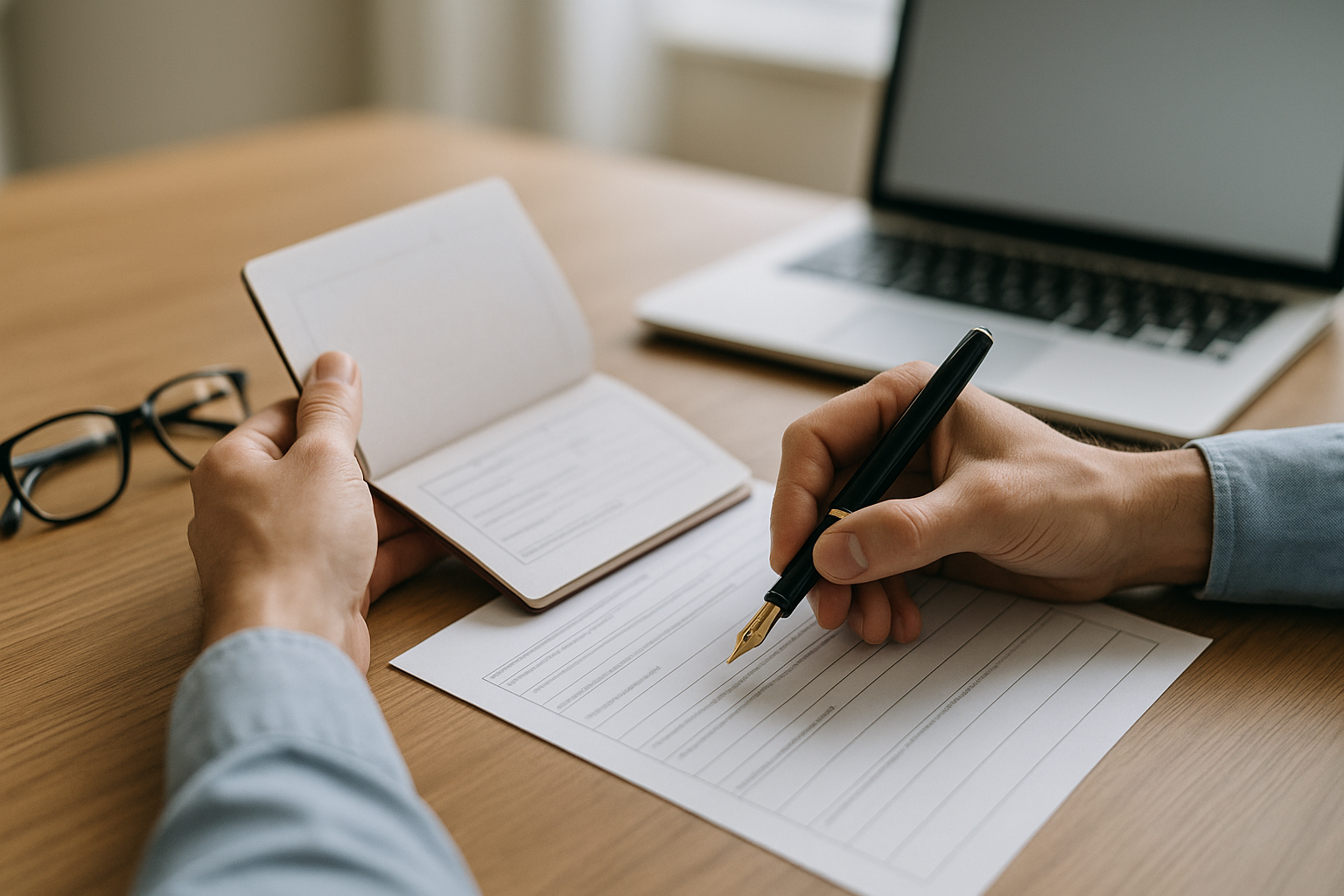 Close-up of hands preparing visa application papers on a tidy wooden desk with an open passport, pen, eyeglasses and a laptop in soft focus, illustrating the Spain digital nomad visa application process.
