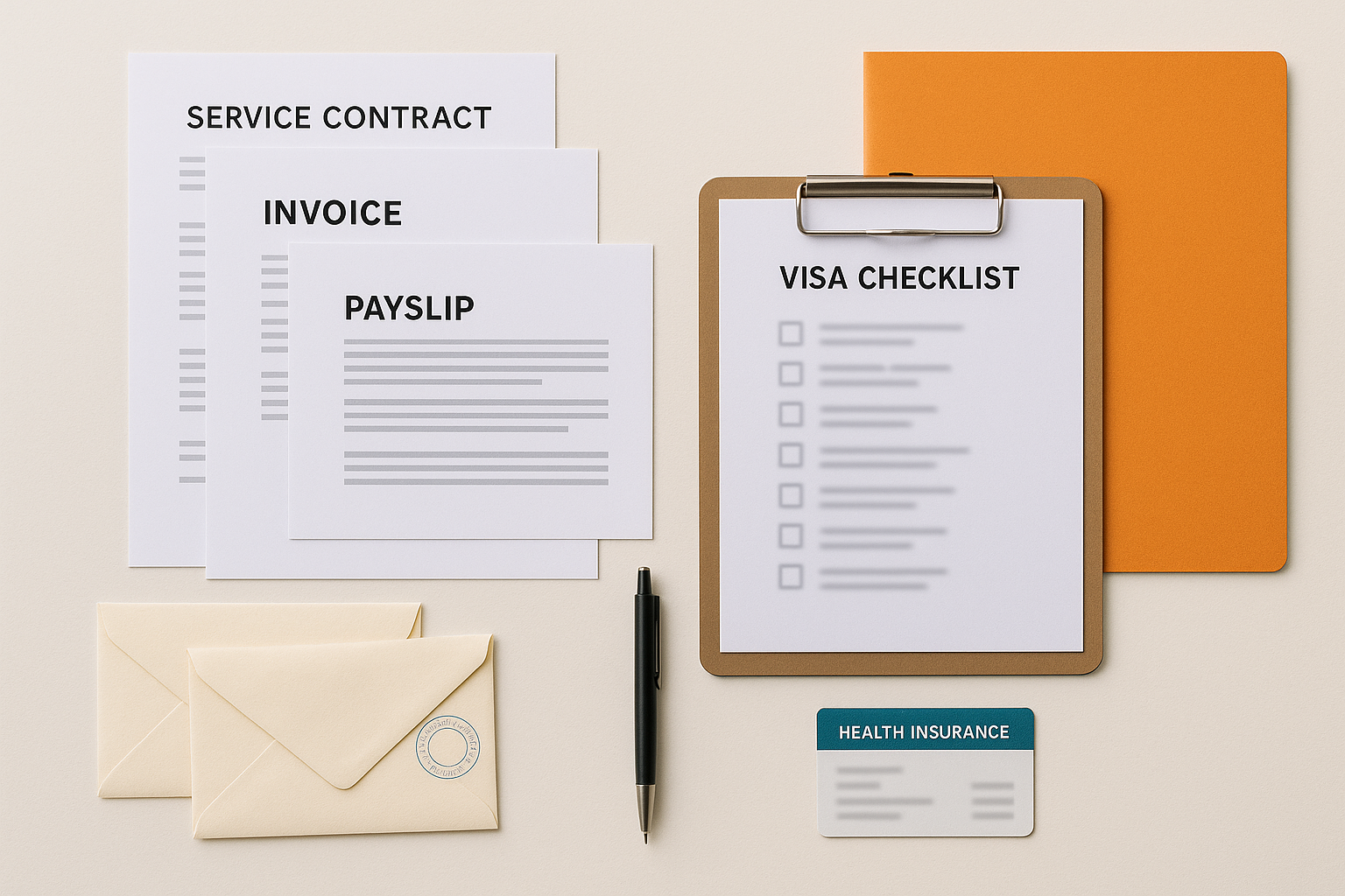Neat flat-lay of visa checklist items: printed contracts, invoices, payslips, a health insurance card, stamped envelopes and a colored folder, representing required documents and application steps.