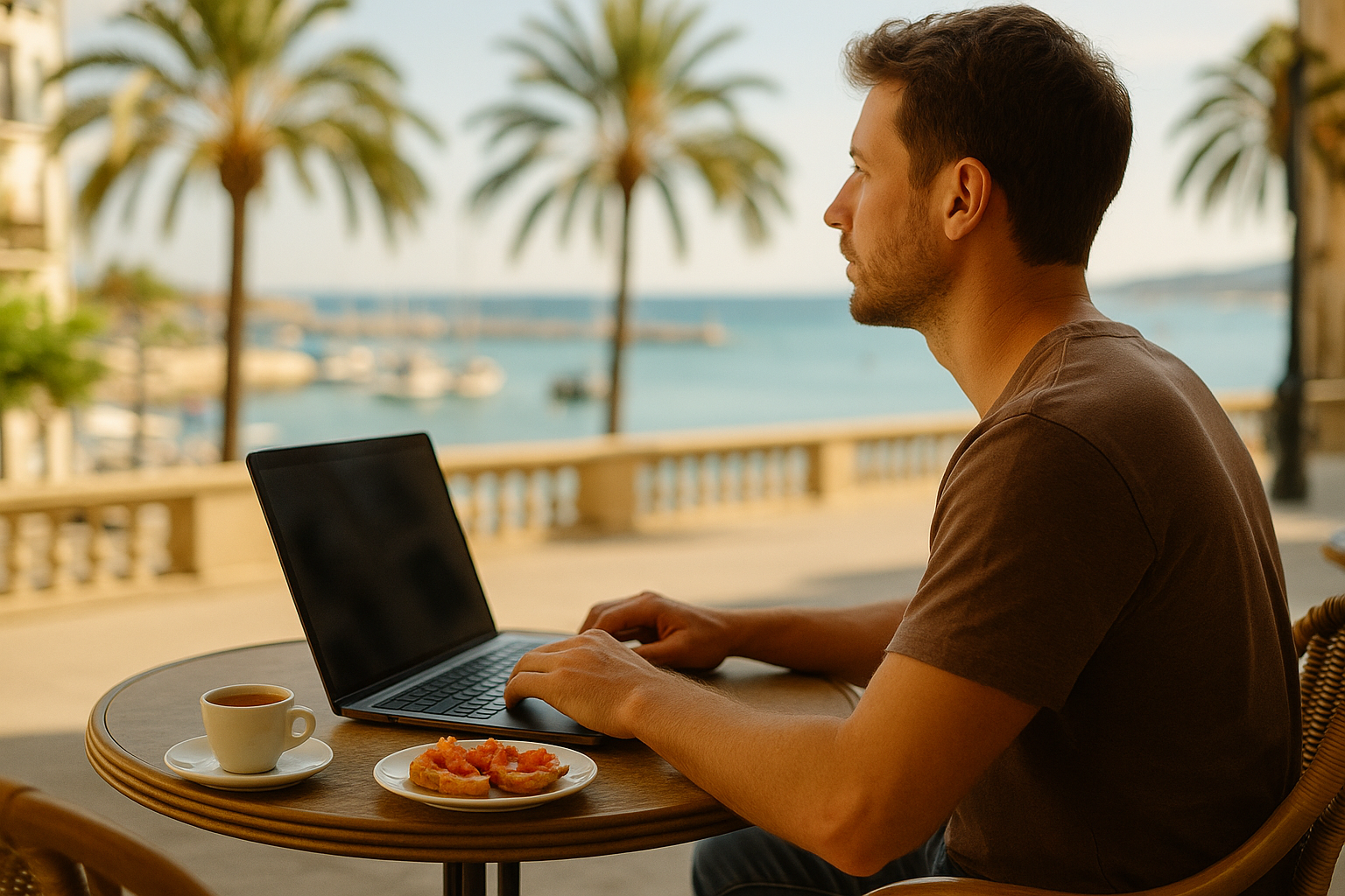 Remote worker at an outdoor Spanish café with a laptop, espresso and a small plate of tapas, with palm trees and the Mediterranean harbor visible in the background, showing work-life balance in Spain.