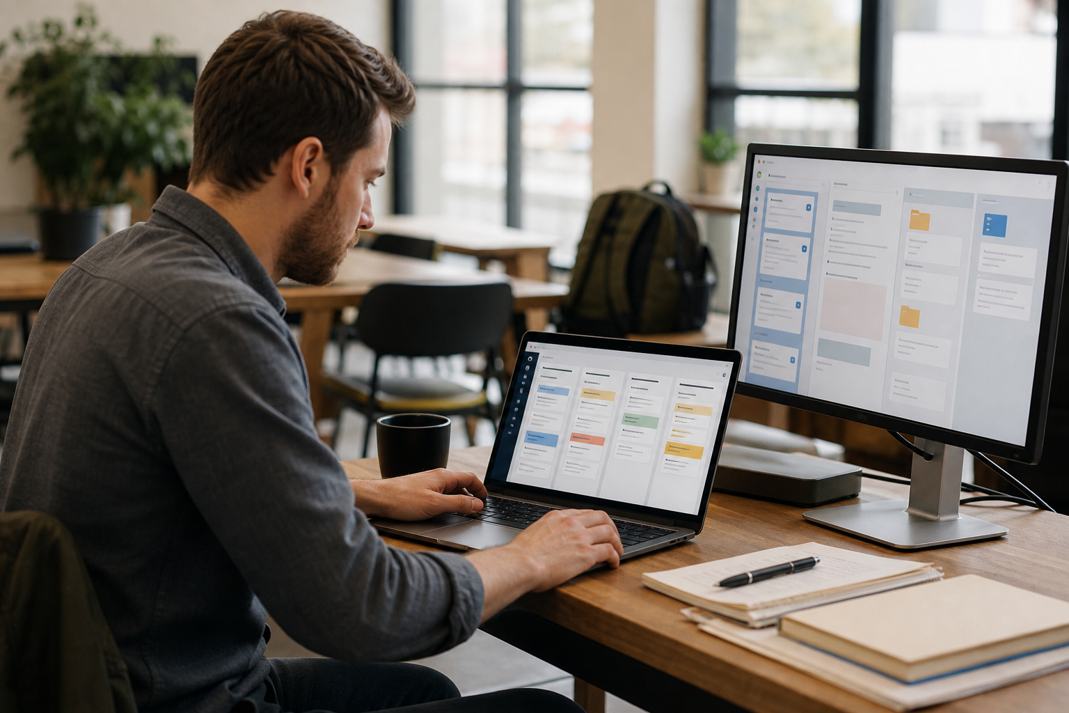 Remote worker reviewing consolidated project information from several authorized work sources