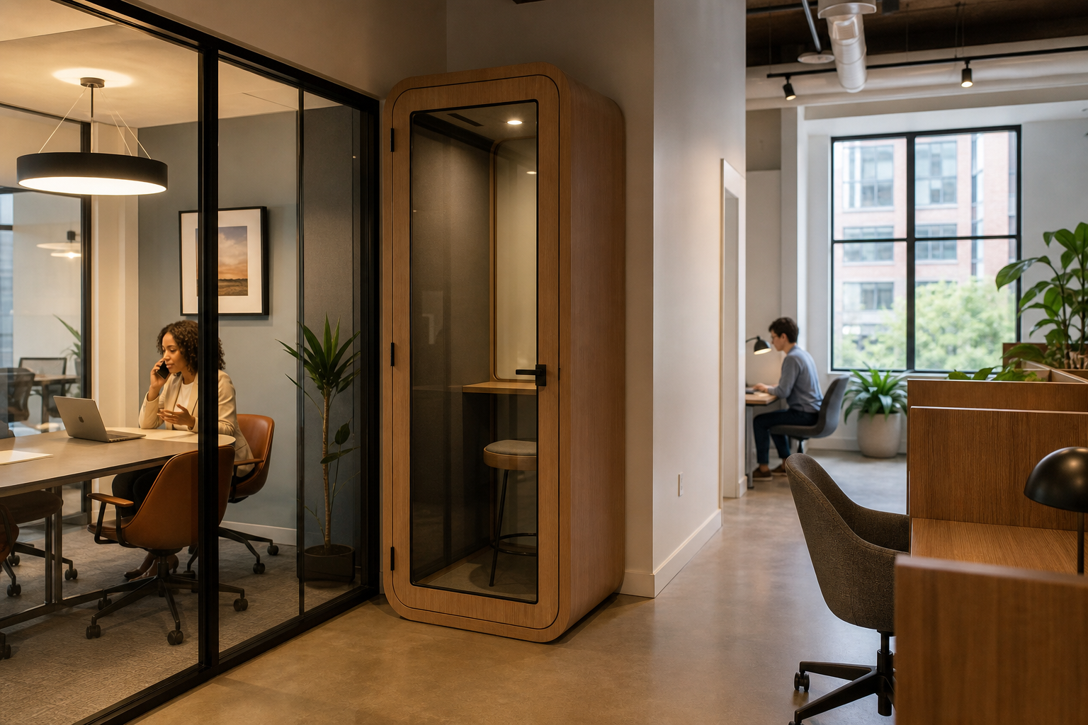 Coworking space showing a private phone booth, enclosed meeting room, and separate focused work area
