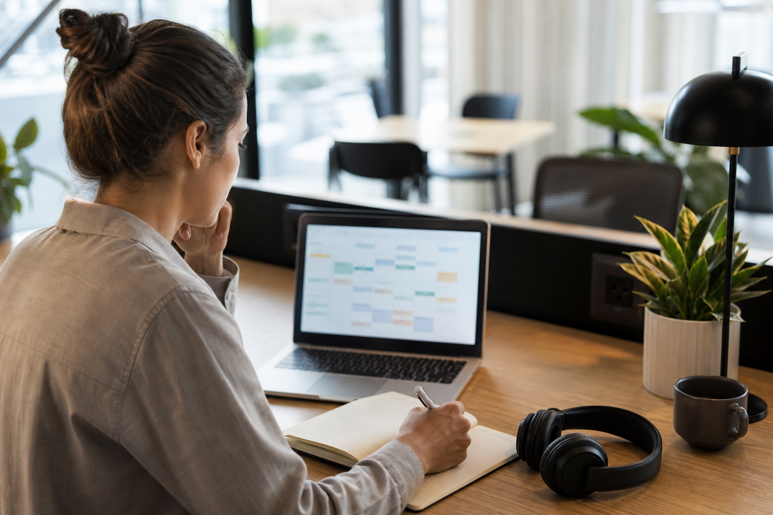 Remote worker reviewing a weekly schedule and planning calls and focused work in a coworking space