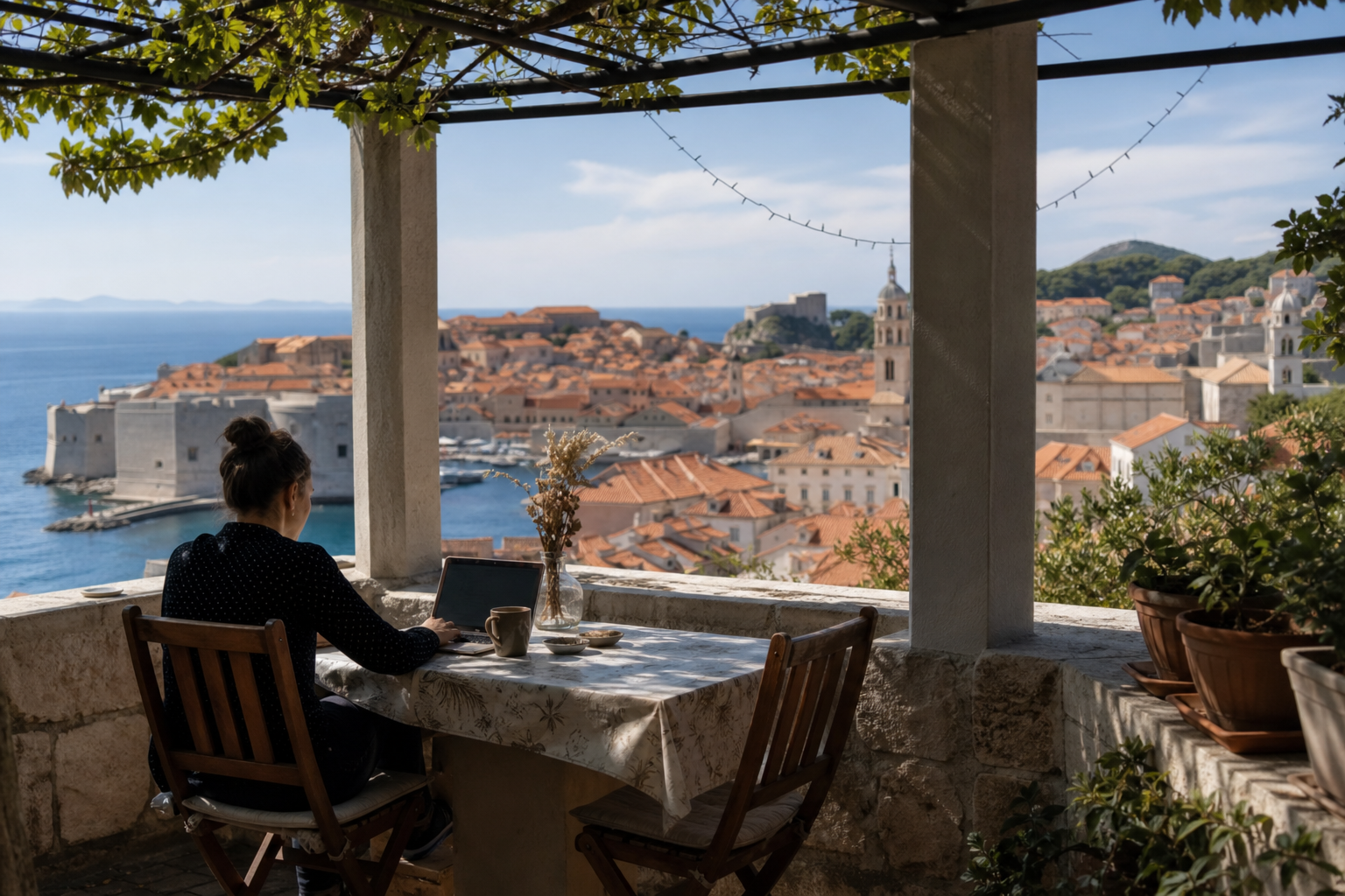 Remote worker using a laptop on a shaded terrace overlooking a Croatian coastal city