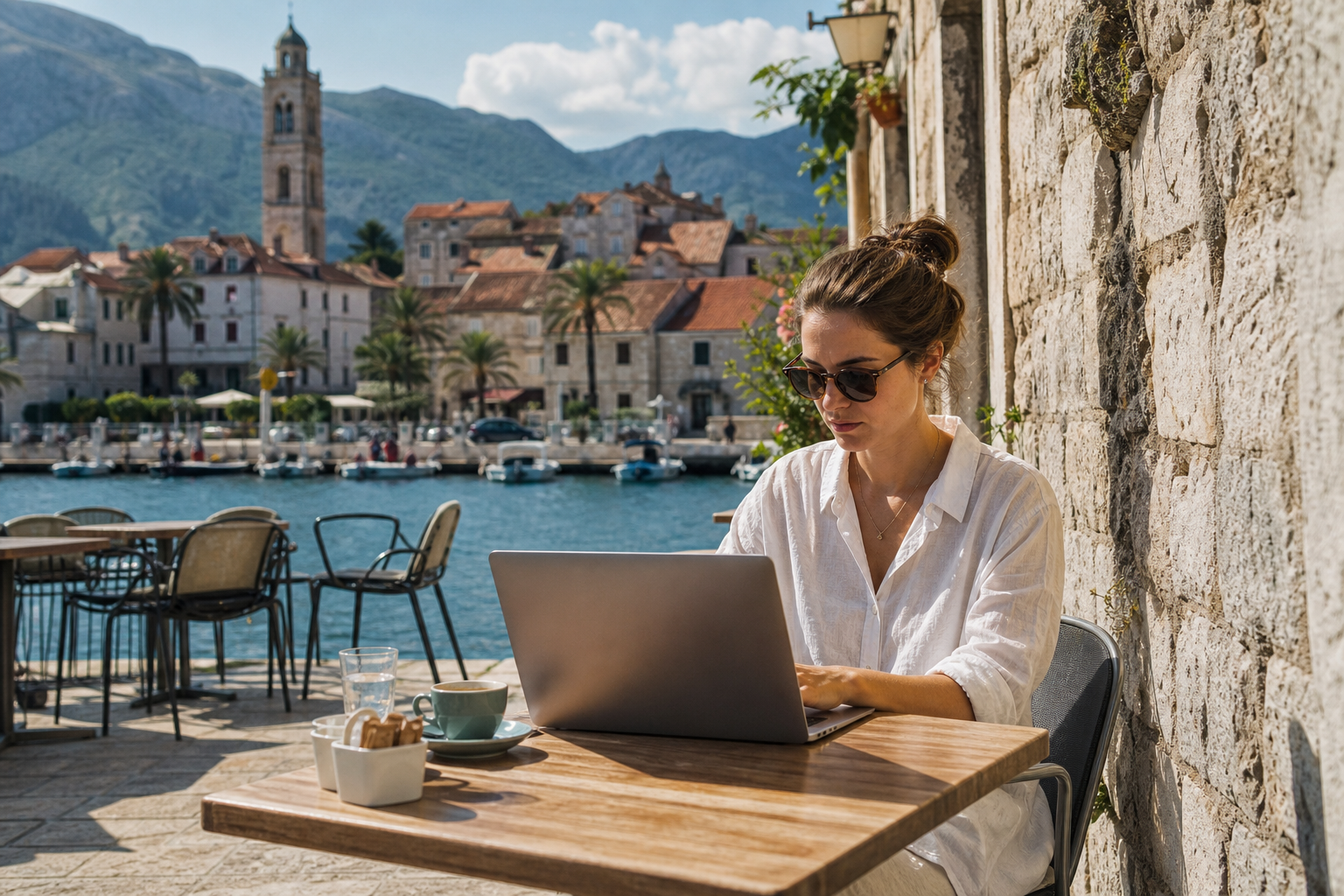 Remote worker working beside a laptop in a Croatian coastal town with historic buildings behind