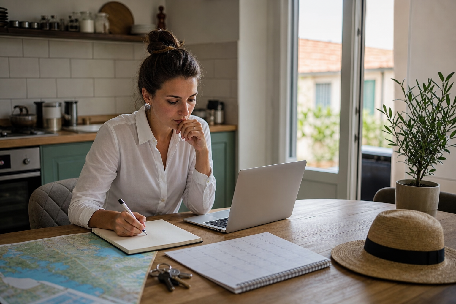 Remote worker organizing travel and residency plans at a Croatian kitchen table