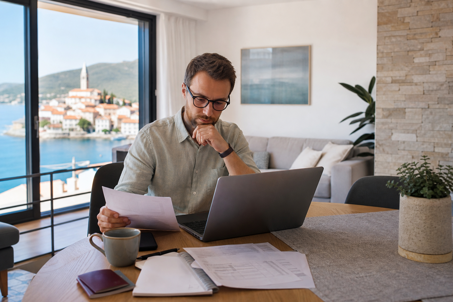 Remote worker reviewing personal finances and documents at a desk in a Croatian apartment