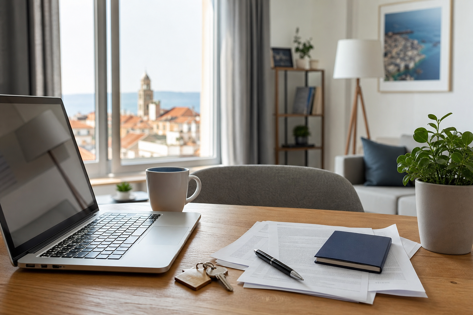 Laptop, passport and rental documents arranged on a desk in a Croatian apartment
