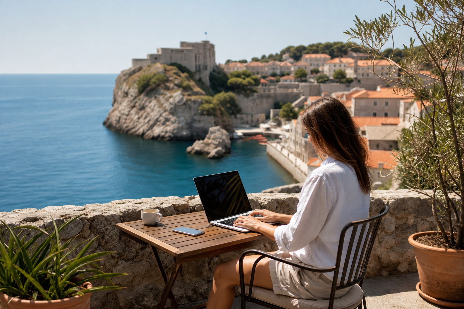 Remote worker using a laptop on a Croatian coastal terrace with the Adriatic Sea in the background