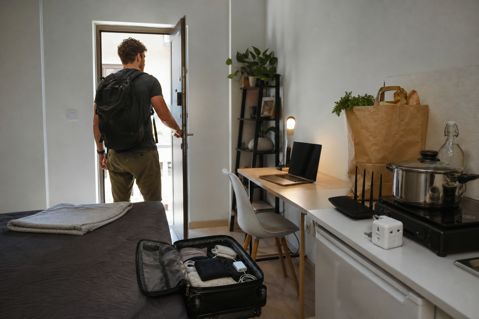 Digital nomad arriving at a temporary apartment with luggage and initial household supplies