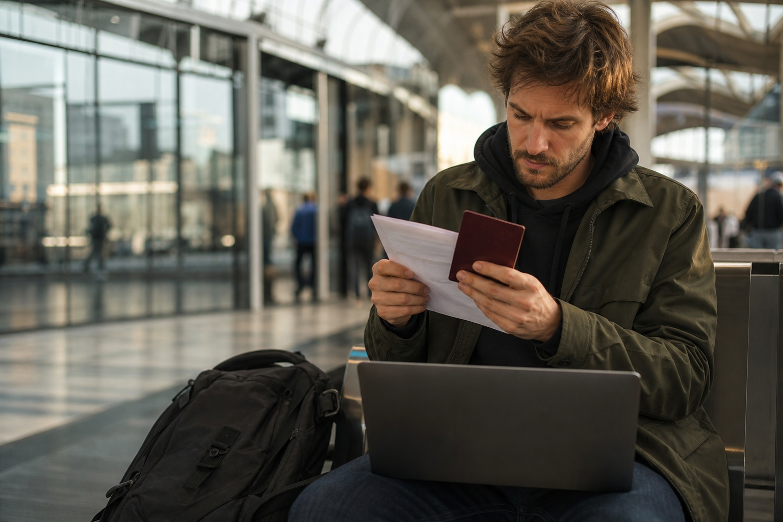 Digital nomad checking passport and travel documents before crossing a European border