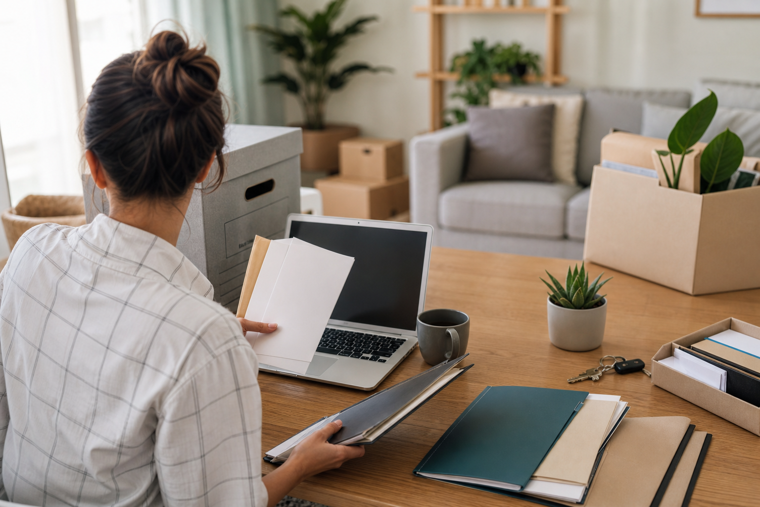 Digital nomad reviewing ongoing home-country bills and belongings before moving abroad