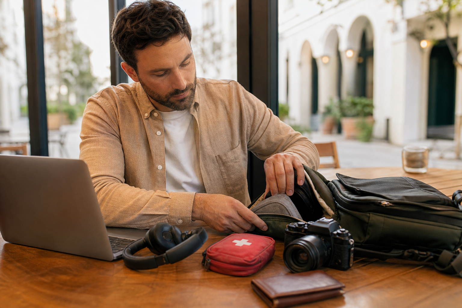 Remote worker comparing medical, travel and equipment protection needs at a desk