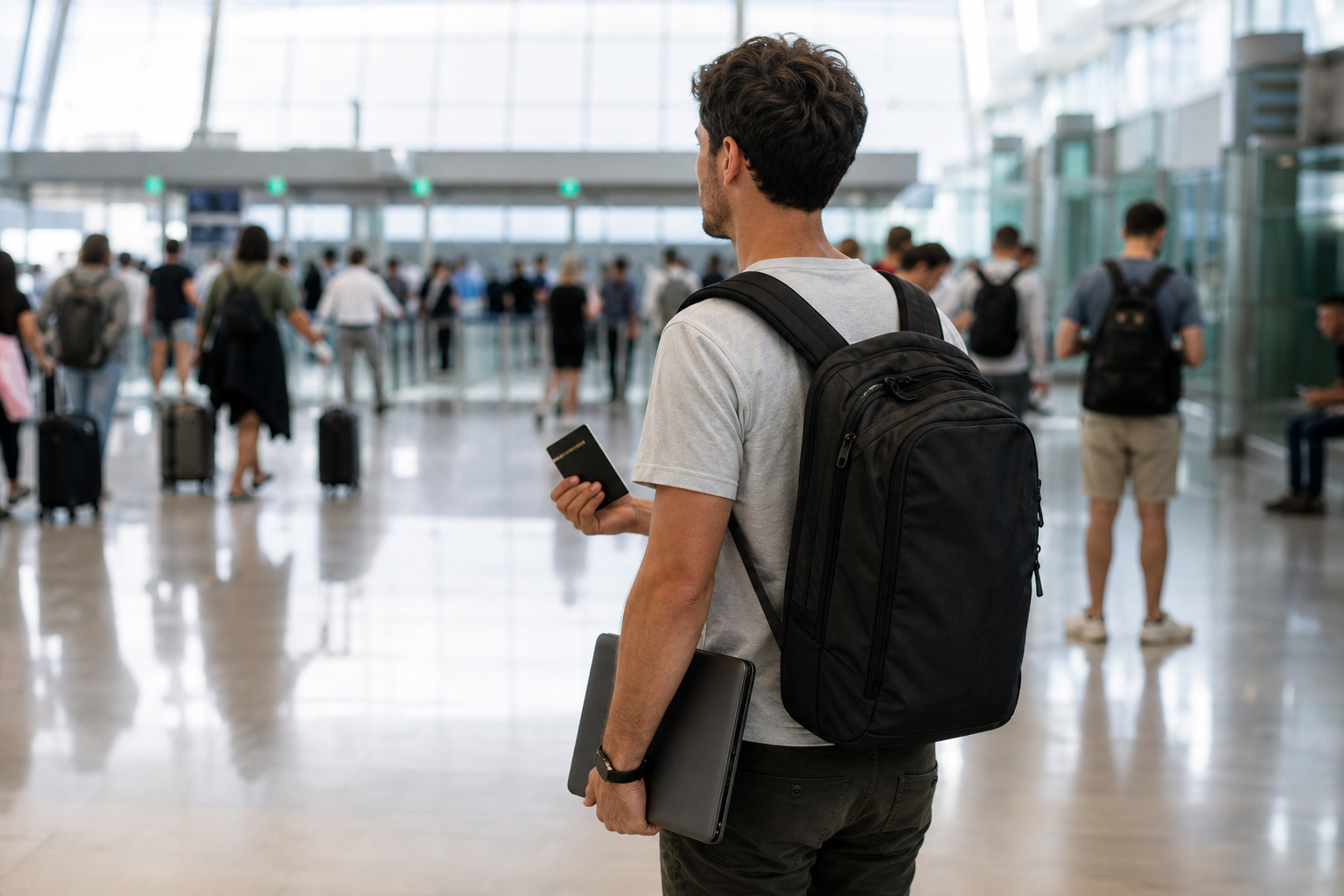 Digital nomad arriving at a European airport with a backpack and laptop