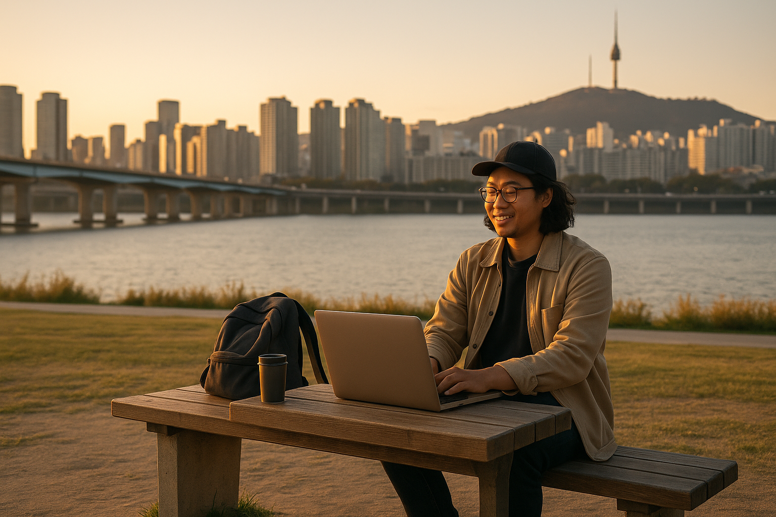 Person working on a laptop at a Han River park bench with Seoul skyline and N Seoul Tower behind, illustrating remote-work lifestyle on the F-1-D visa.