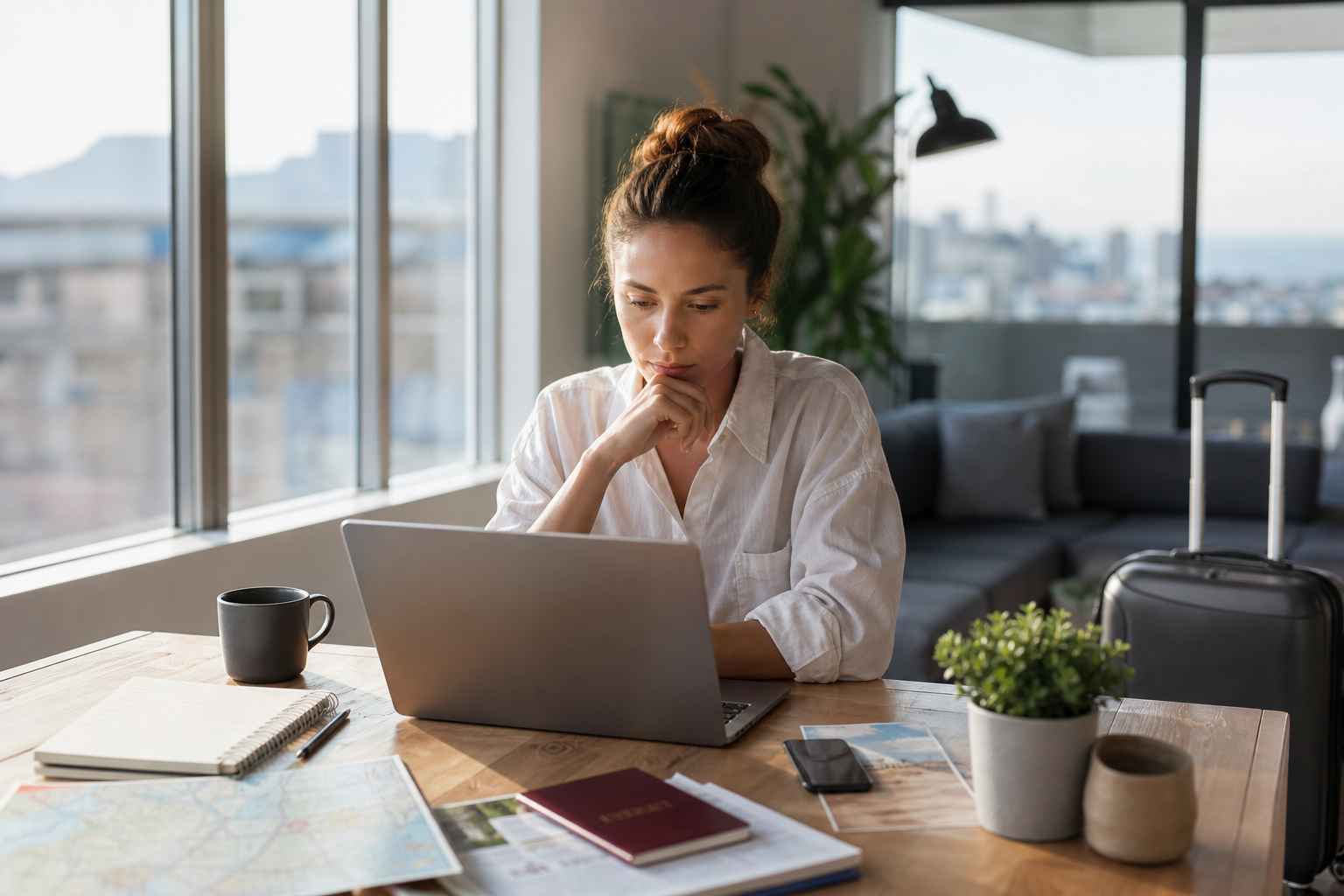 Remote worker reviewing travel insurance options beside a laptop, passport and travel documents