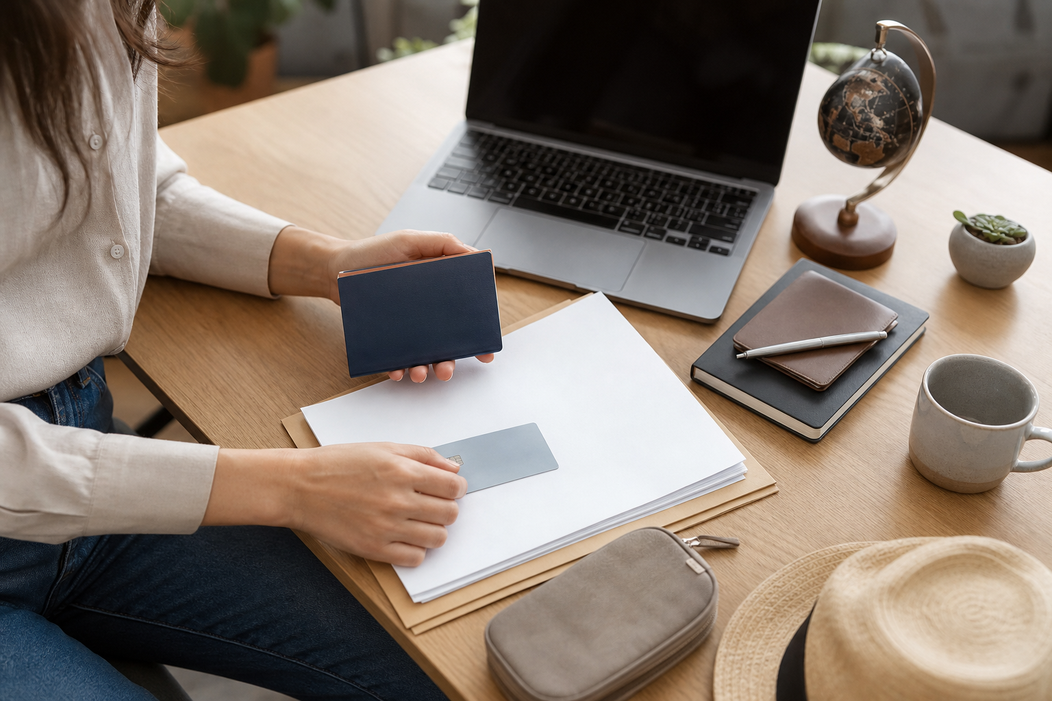 Remote worker organizing documents for a digital nomad visa application