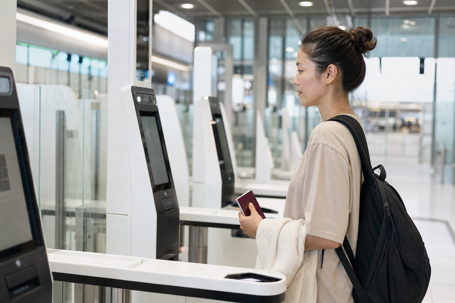 Traveller using a biometric border-control kiosk at a European airport