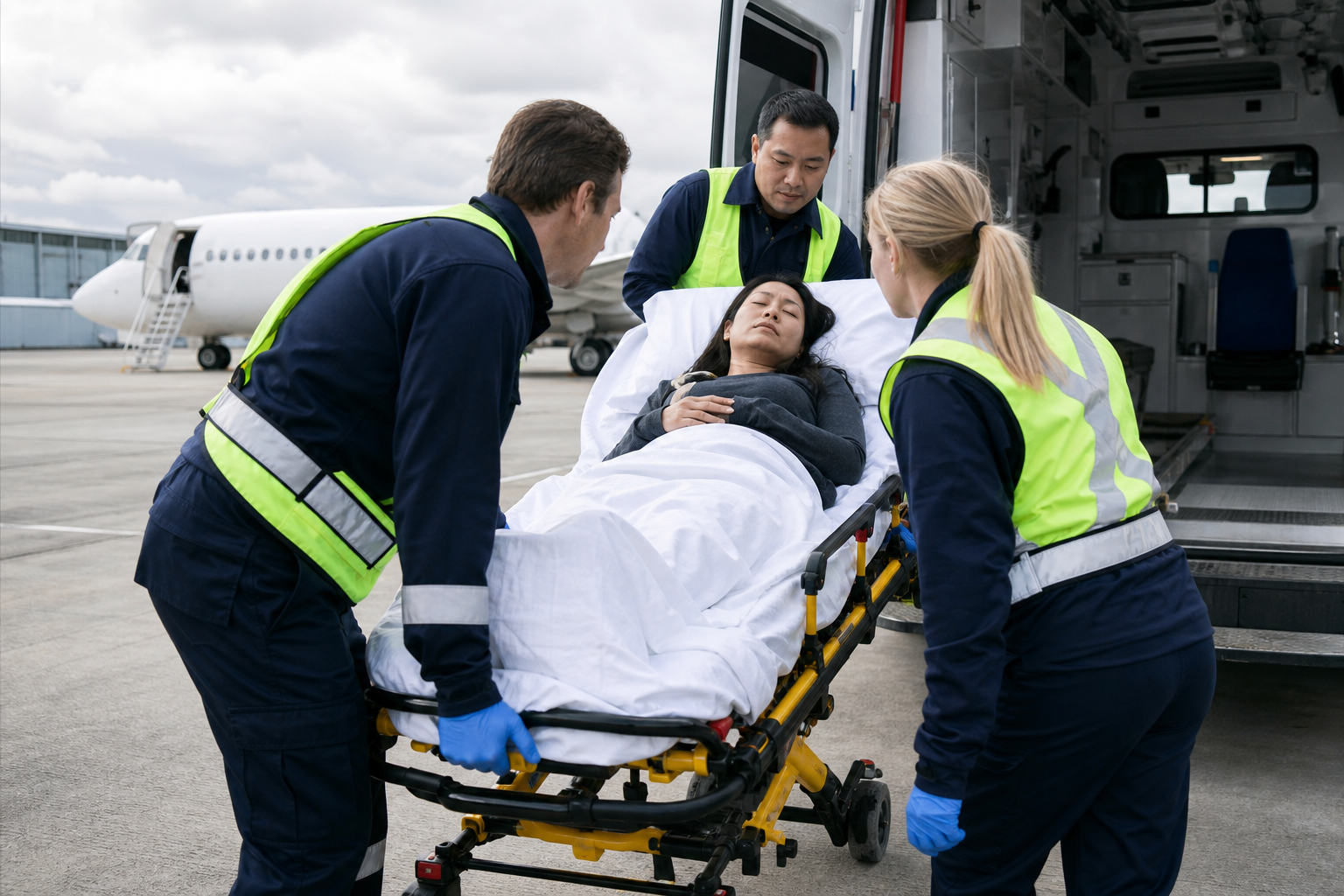 Emergency medical team preparing a traveller for transport at an airport or clinic
