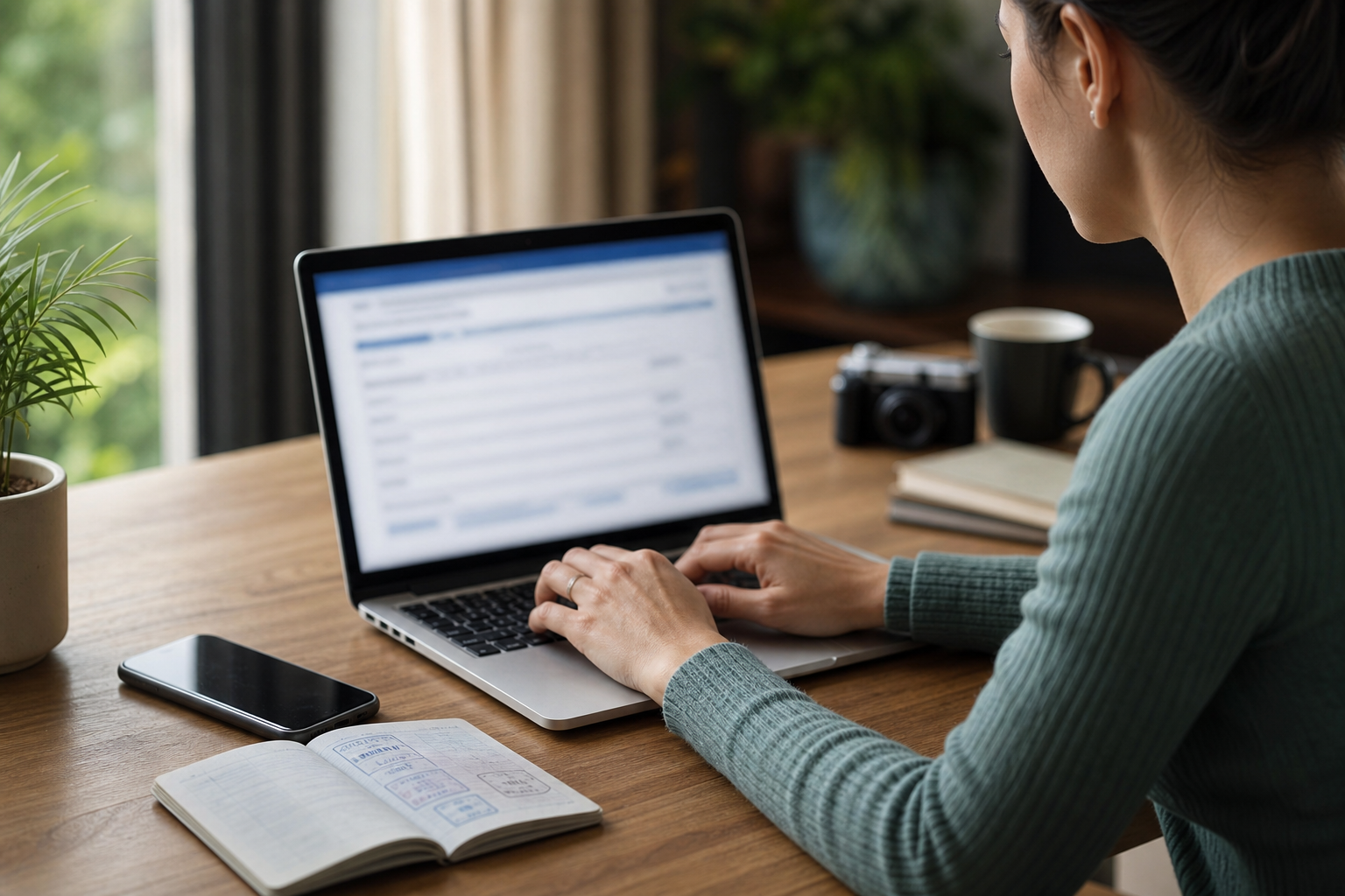 Traveller completing an online travel authorisation application beside a passport