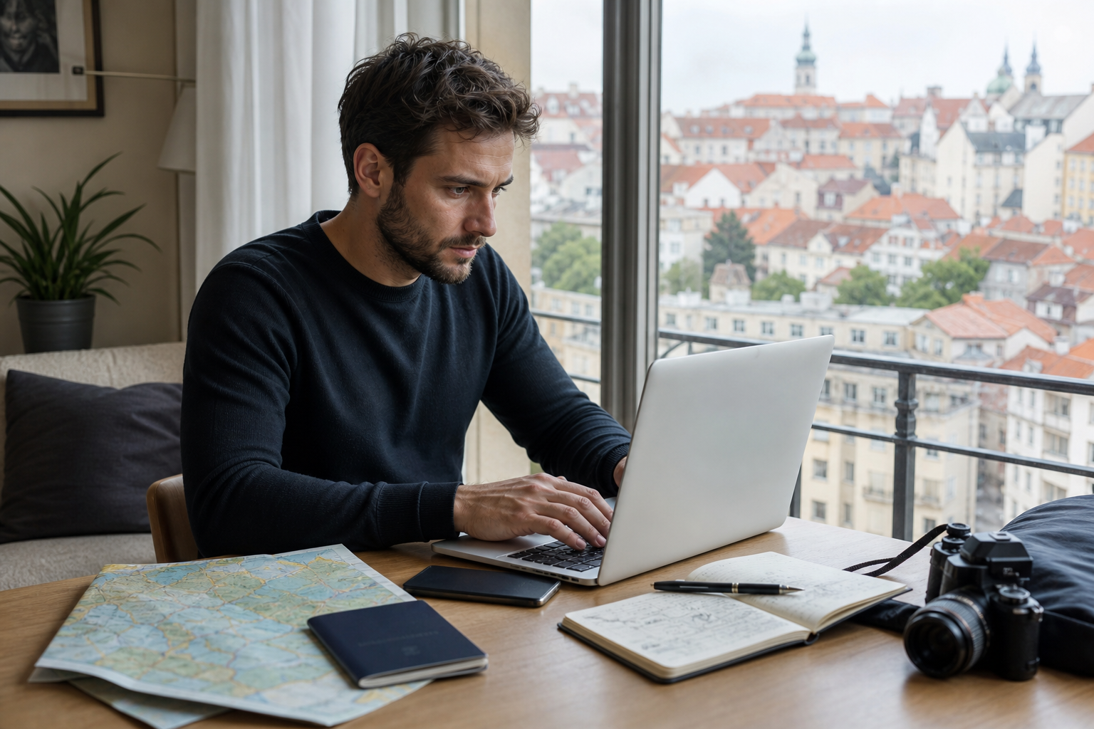 Digital nomad working on a laptop beside a European travel map and passport