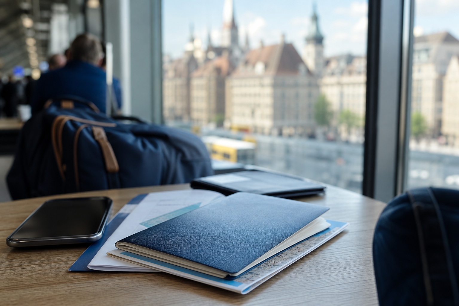 Passport and smartphone arranged with travel documents for a European trip