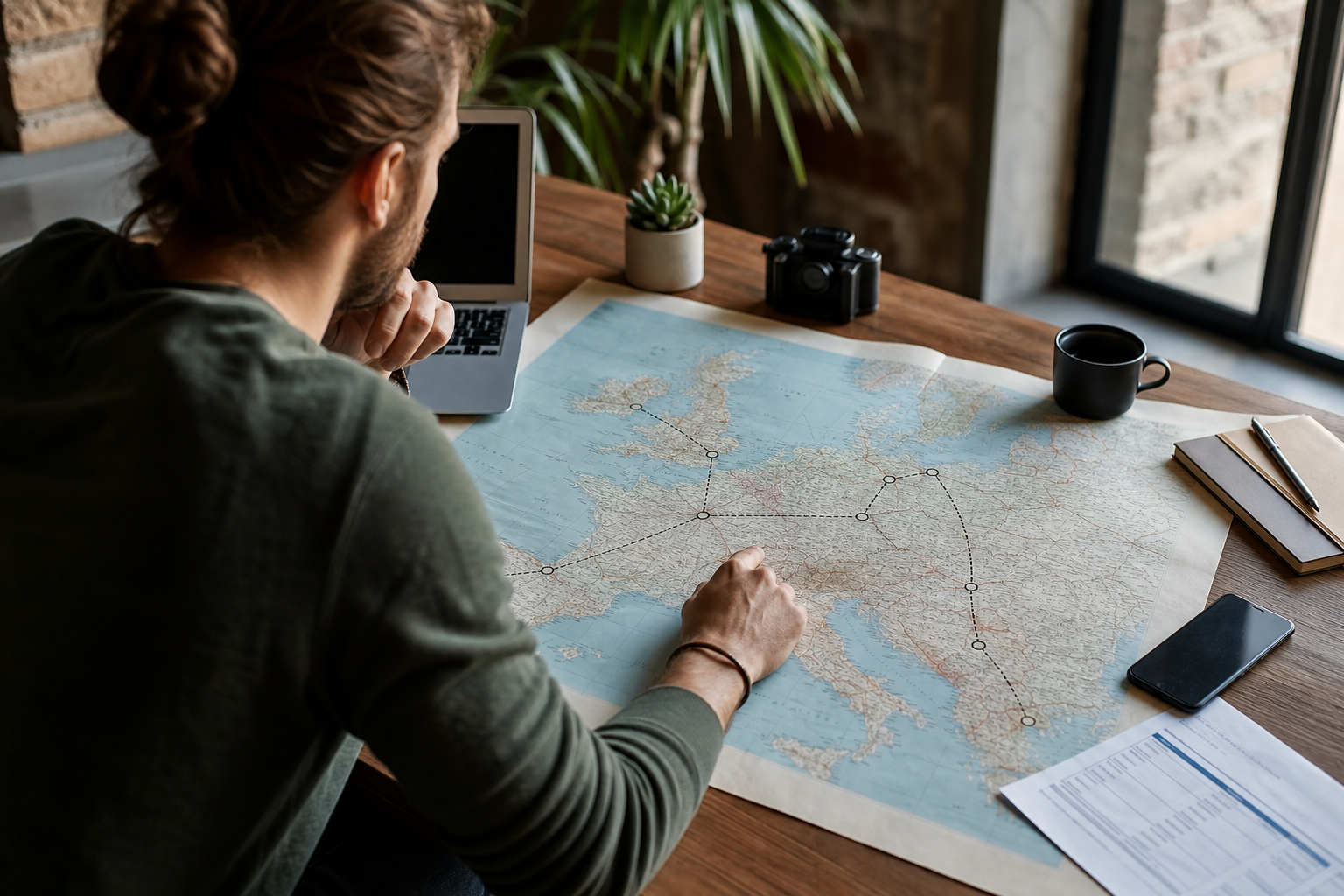 Traveller reviewing a map of European destinations while planning a multi-country trip
