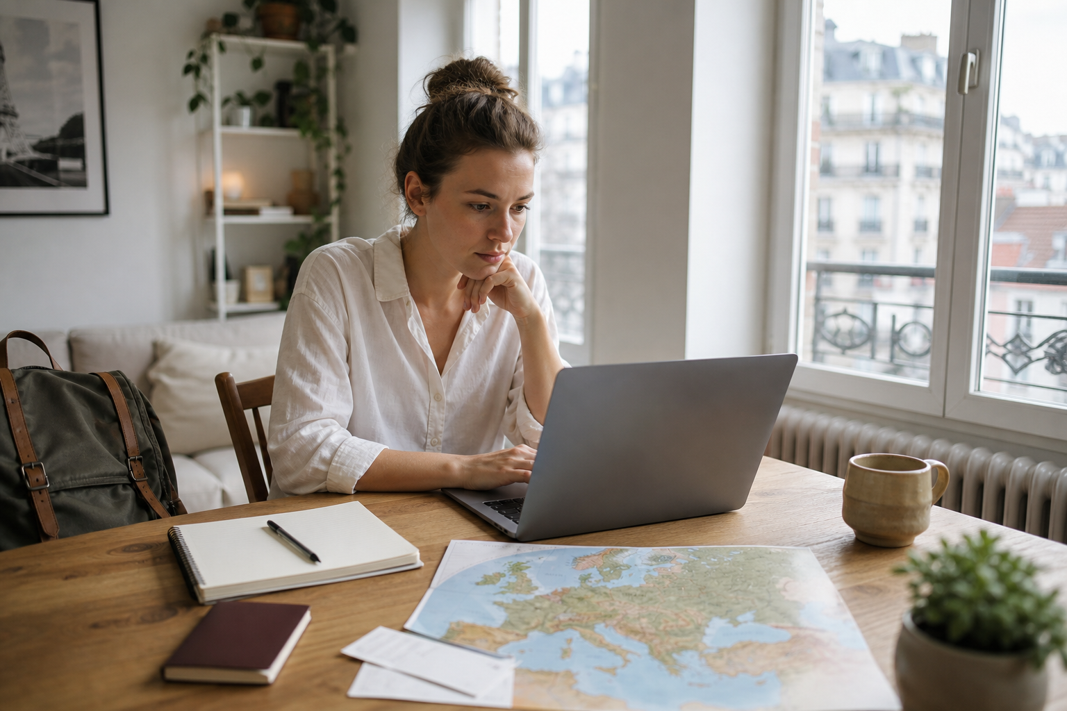 Digital nomad planning a multi-country European travel route with a laptop and map