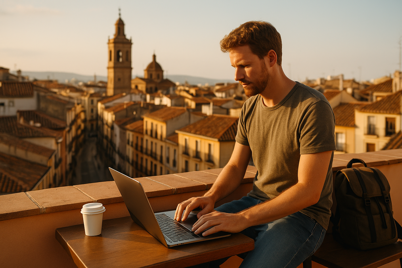 Digital nomad working on a laptop on a sunlit rooftop terrace in a Spanish city with terracotta roofs and a historic church tower in the background, representing living and working in Spain under the digital nomad visa.