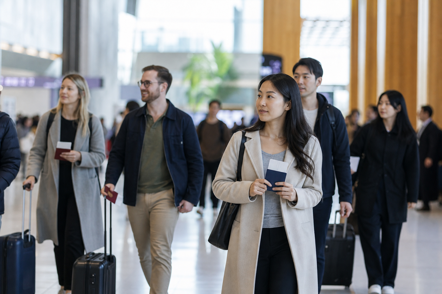 International travelers walking through a modern airport arrivals hall in Japan