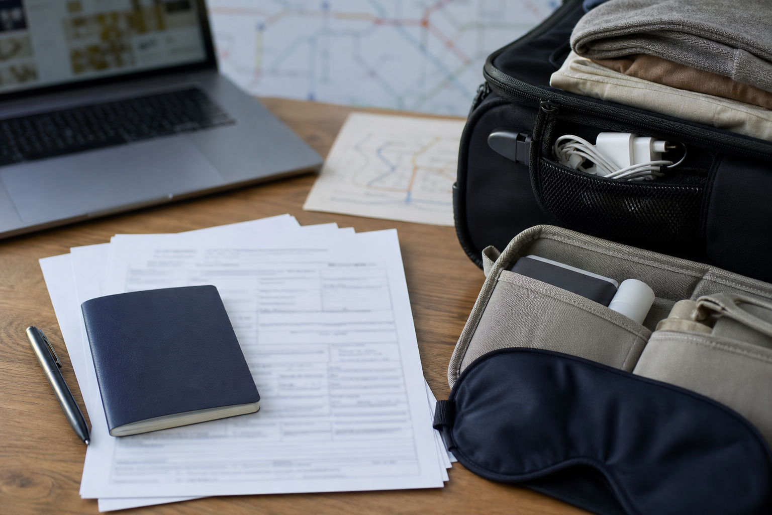 Passport and travel documents arranged beside a laptop before a trip to Japan