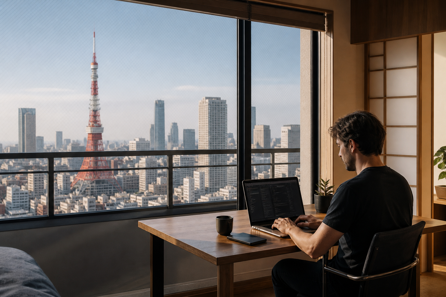 Remote worker using a laptop in a modern Tokyo apartment with the city skyline outside