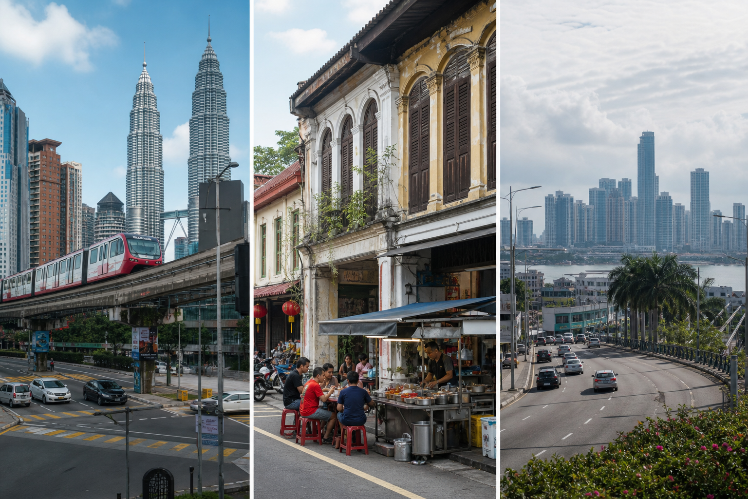 Street scenes representing Kuala Lumpur, Penang and Johor Bahru as different Malaysian bases