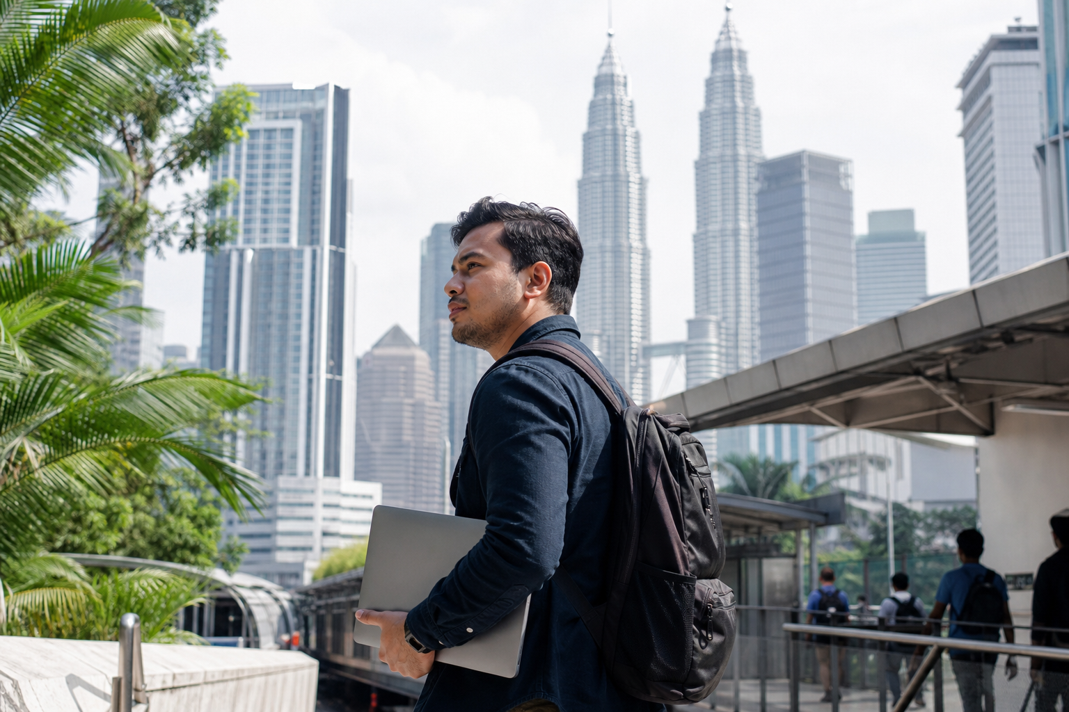 Remote worker walking near Kuala Lumpur rail transit and modern city infrastructure
