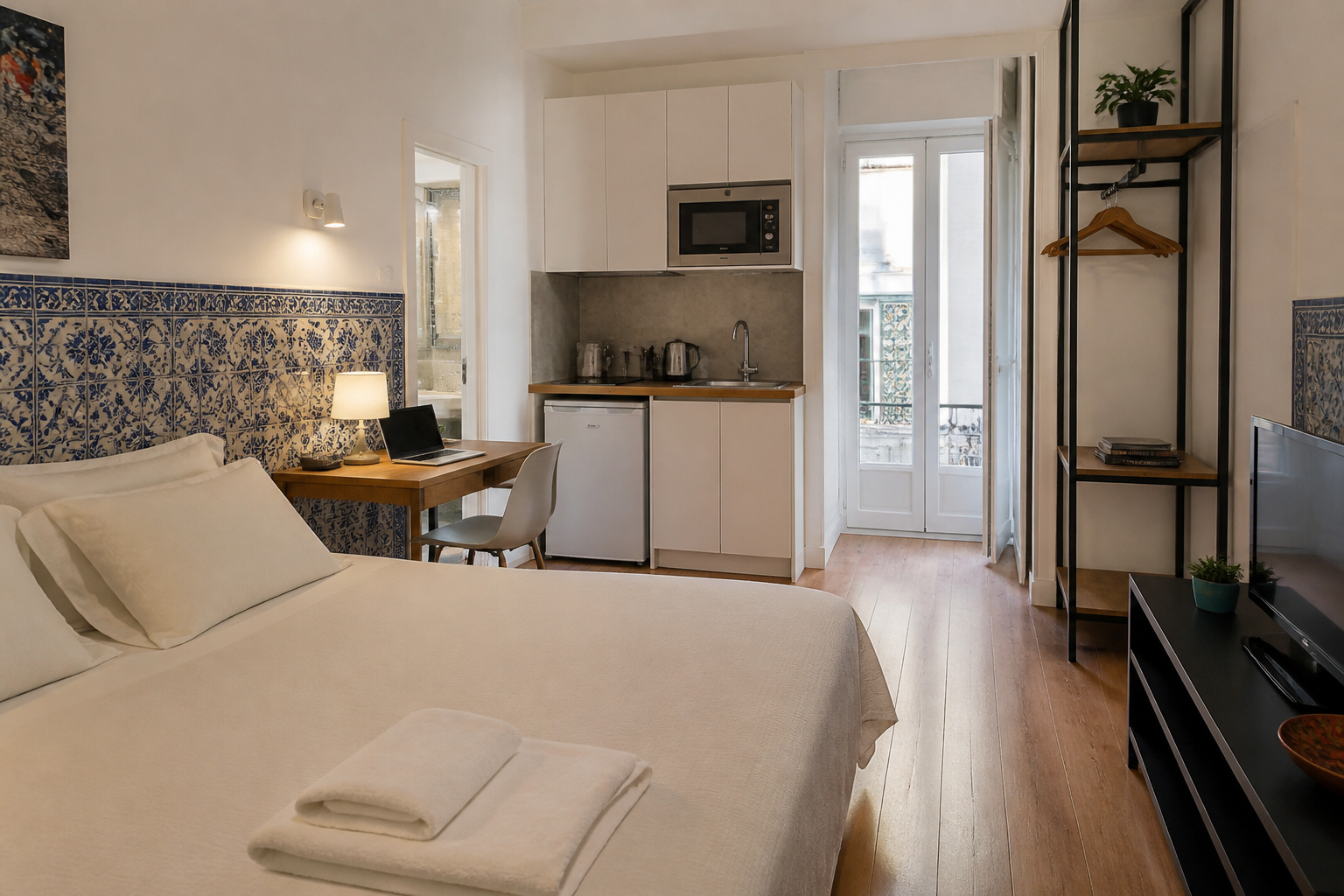 Compact furnished apartment in Lisbon with a desk and traditional tiled details