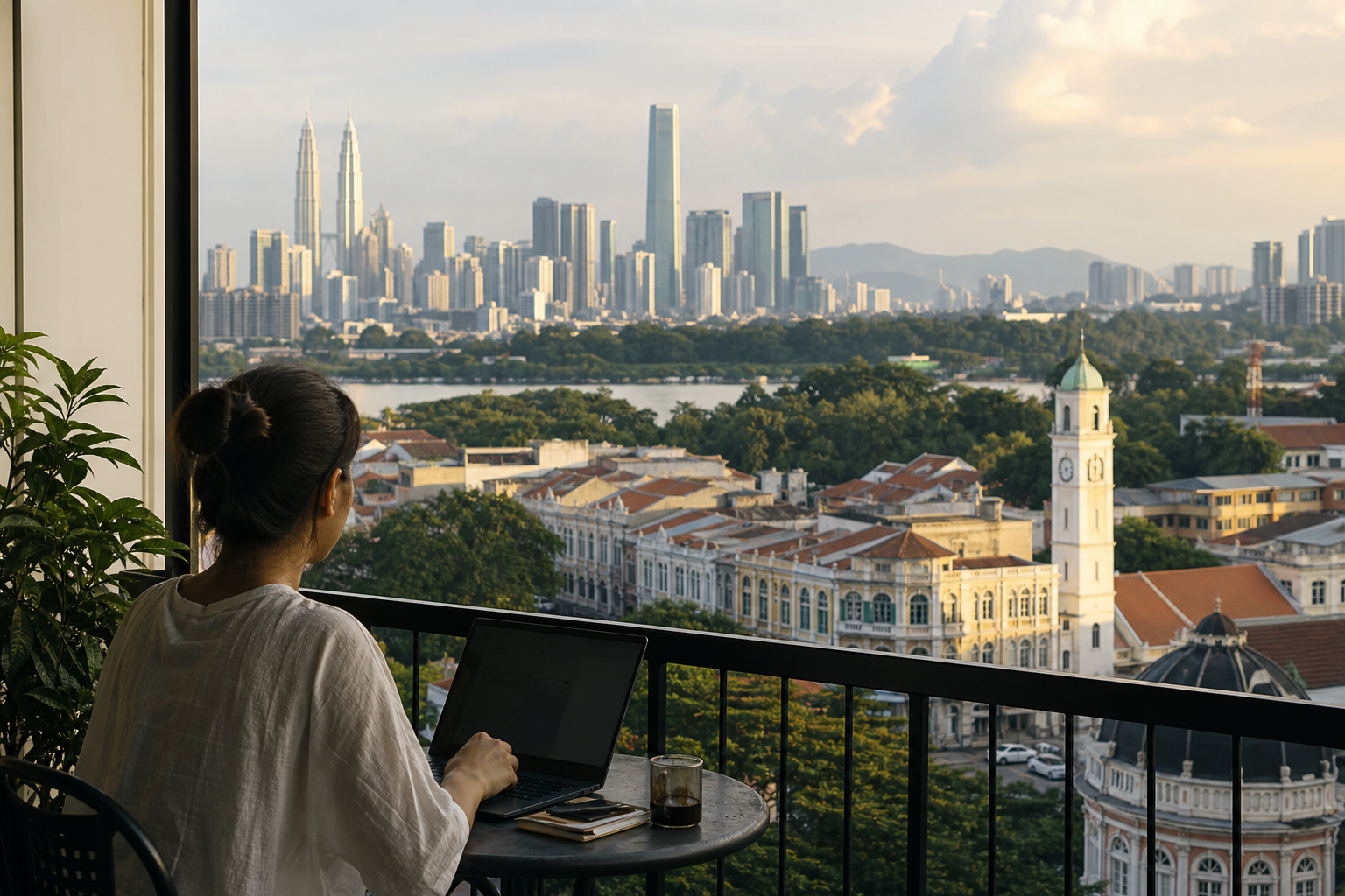 Remote worker using a laptop overlooking Kuala Lumpur with Malaysia’s urban landscape in the background