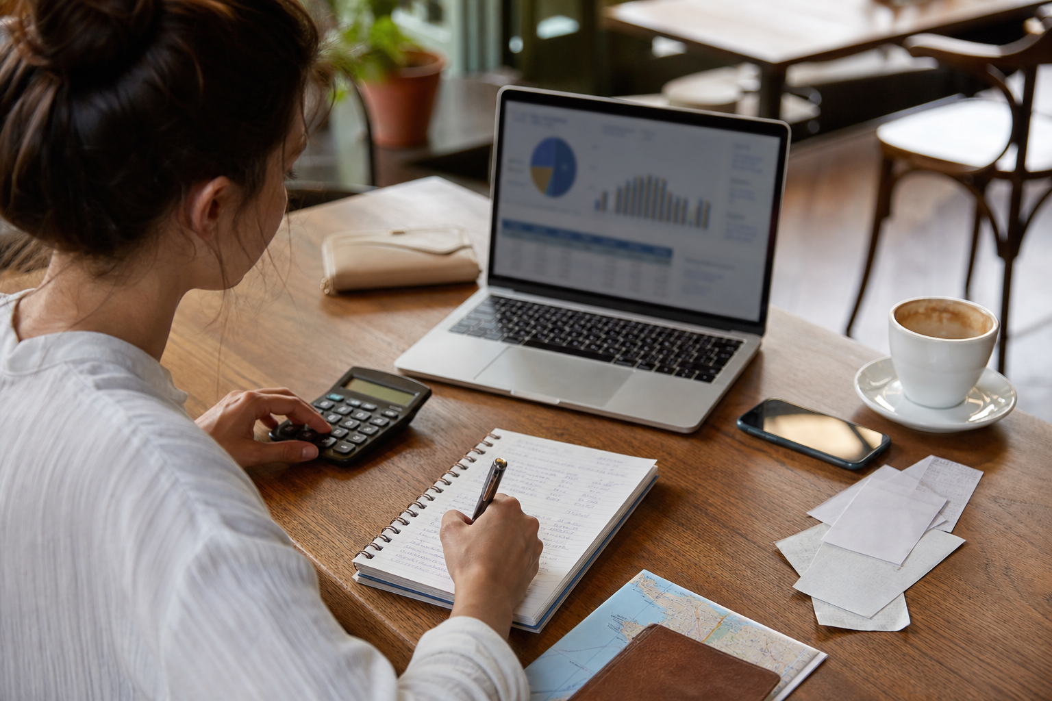 Freelancer organizing monthly living, work, and travel expenses beside a laptop