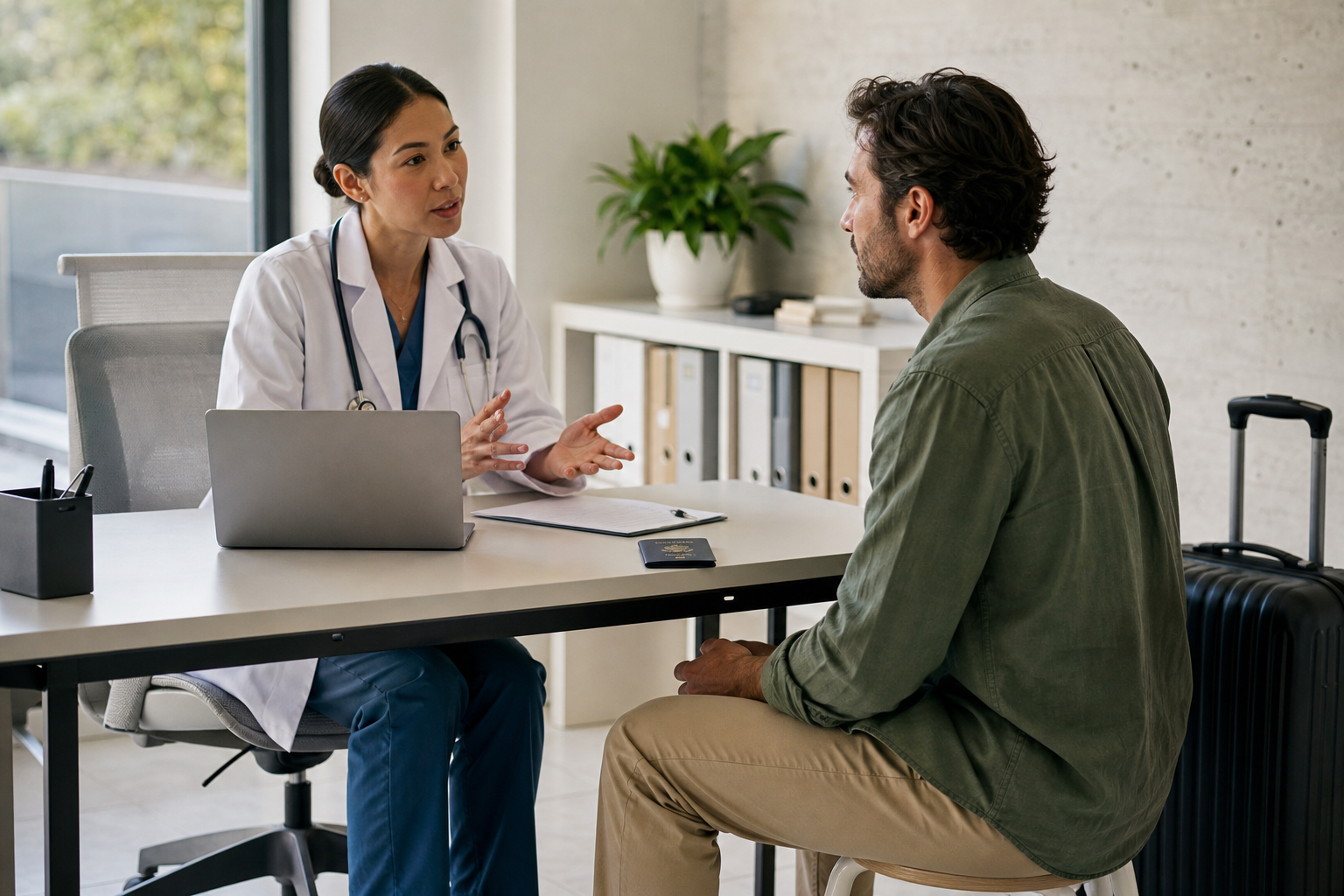 Traveller receiving a routine medical consultation at a modern international clinic