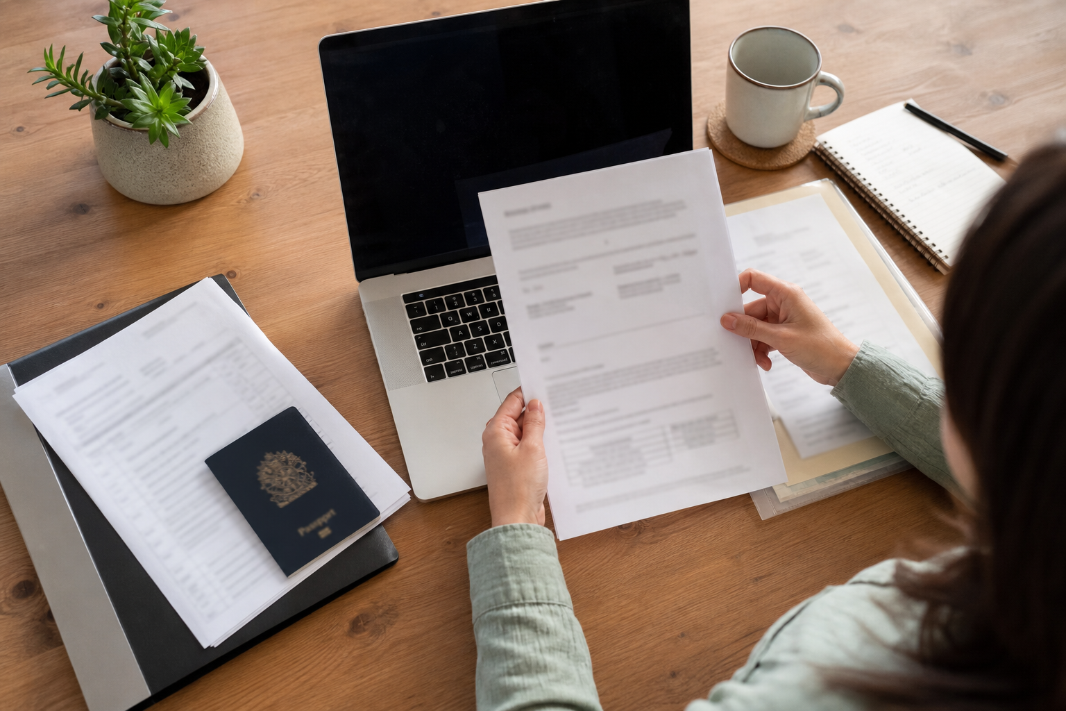 Remote worker organizing a passport, employment papers and laptop for a visa application