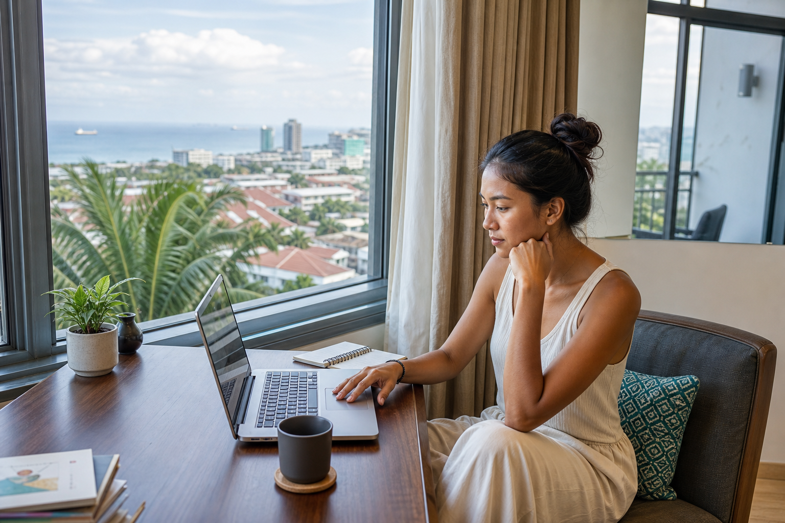 Remote worker using a laptop in a bright Philippine coastal setting