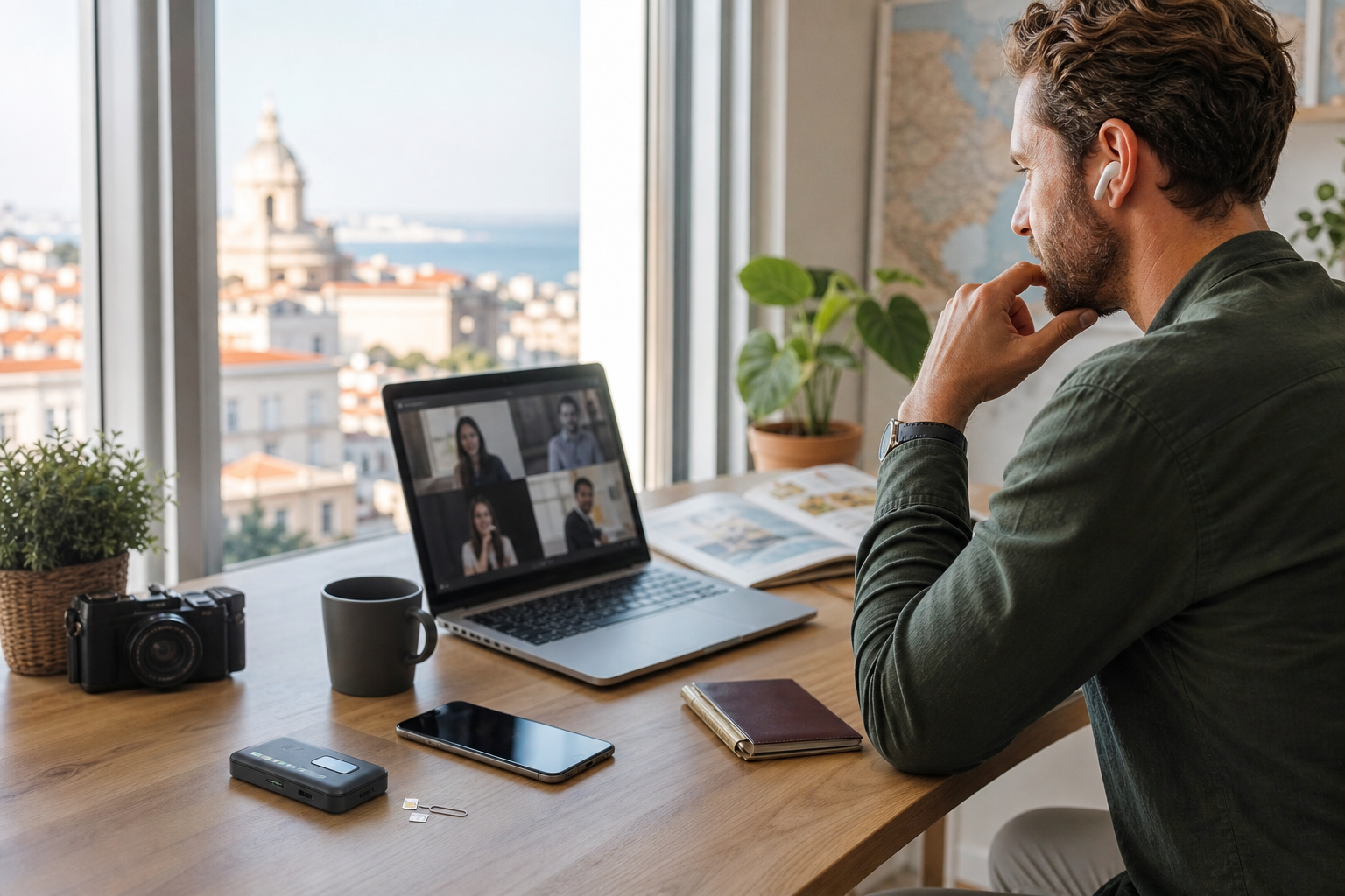 Remote worker comparing a portable Wi-Fi hotspot, smartphone, and SIM card beside a laptop while working abroad