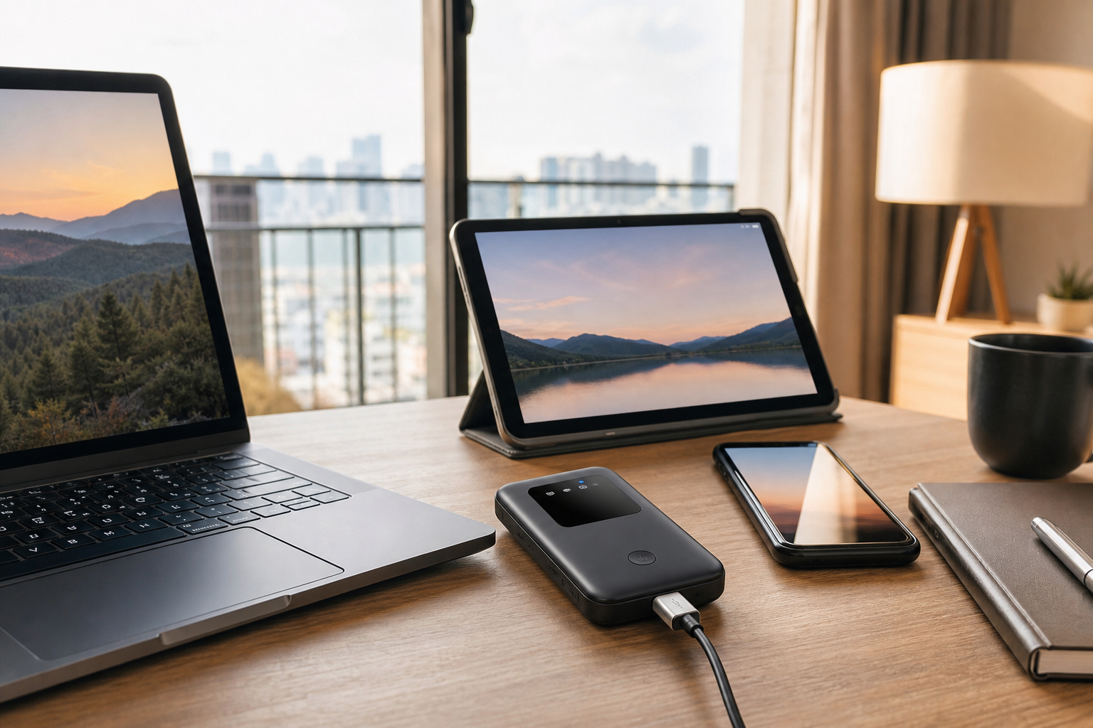 Portable Wi-Fi hotspot sharing a cellular connection with a laptop, tablet, and smartphone on a worktable