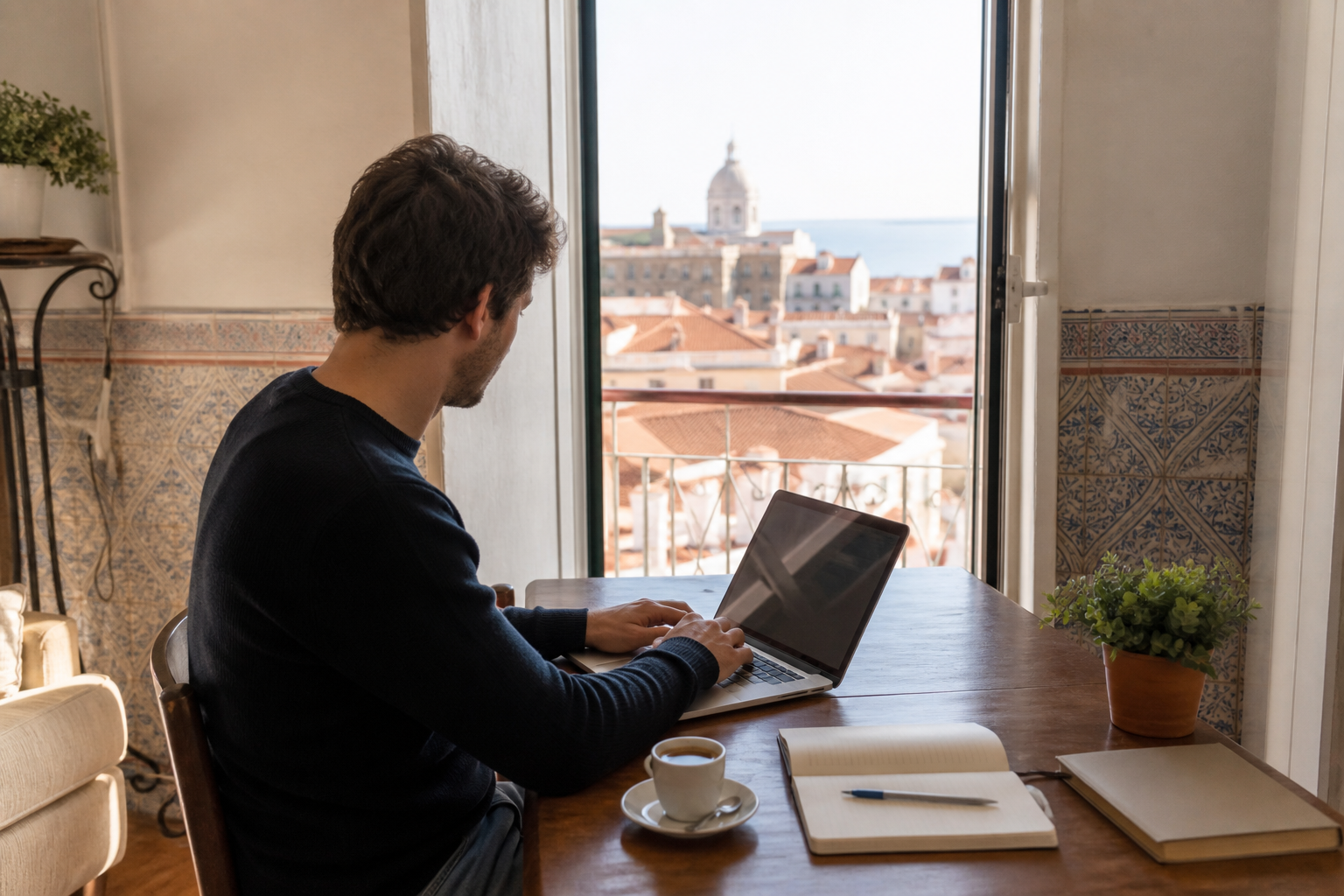 Digital nomad working at a laptop in a bright Portuguese apartment overlooking Lisbon
