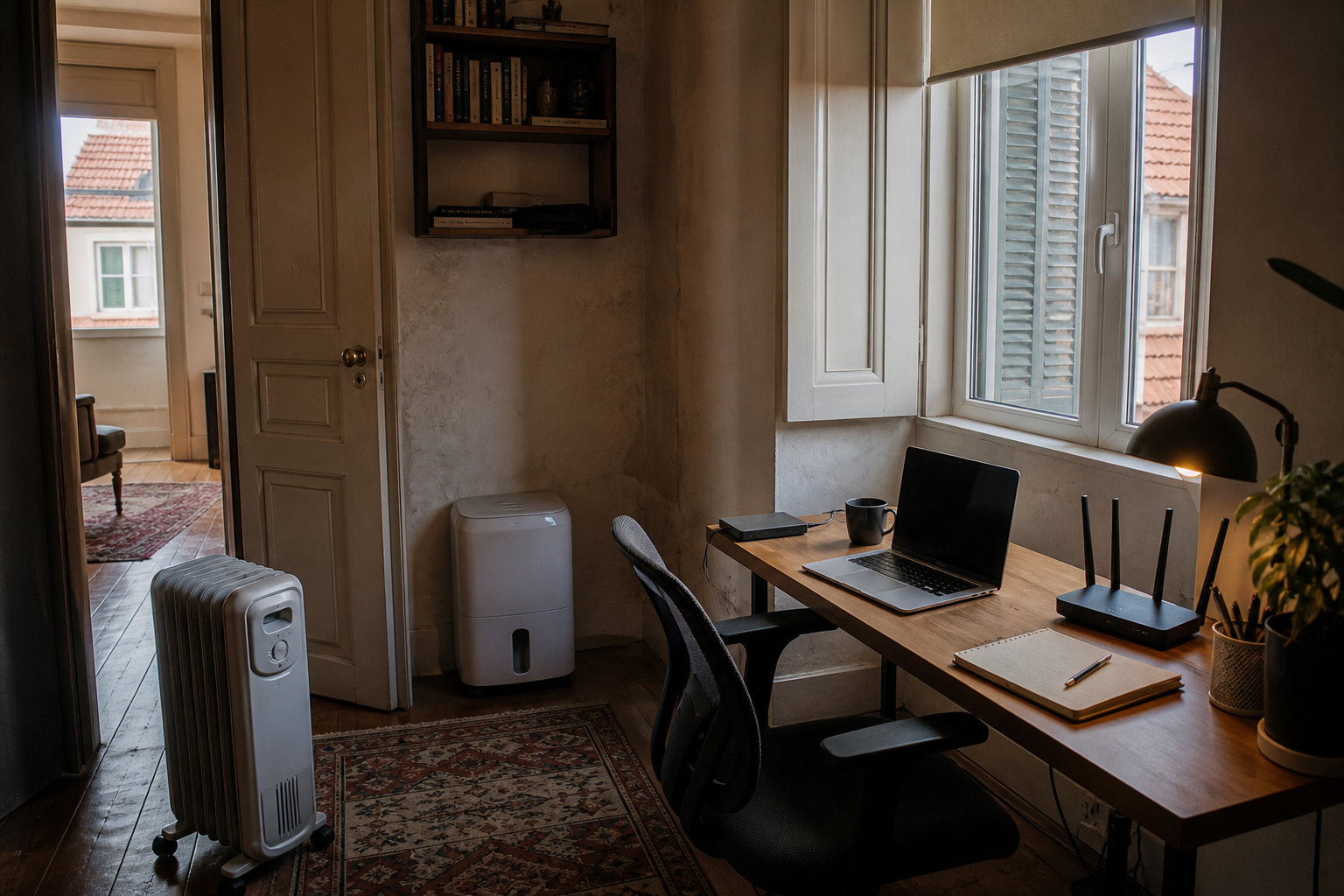 Remote work desk beside an electric heater in an older Portuguese apartment