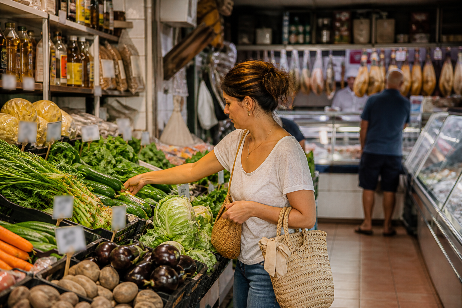 Shopper selecting fresh produce at a neighborhood market in Portugal