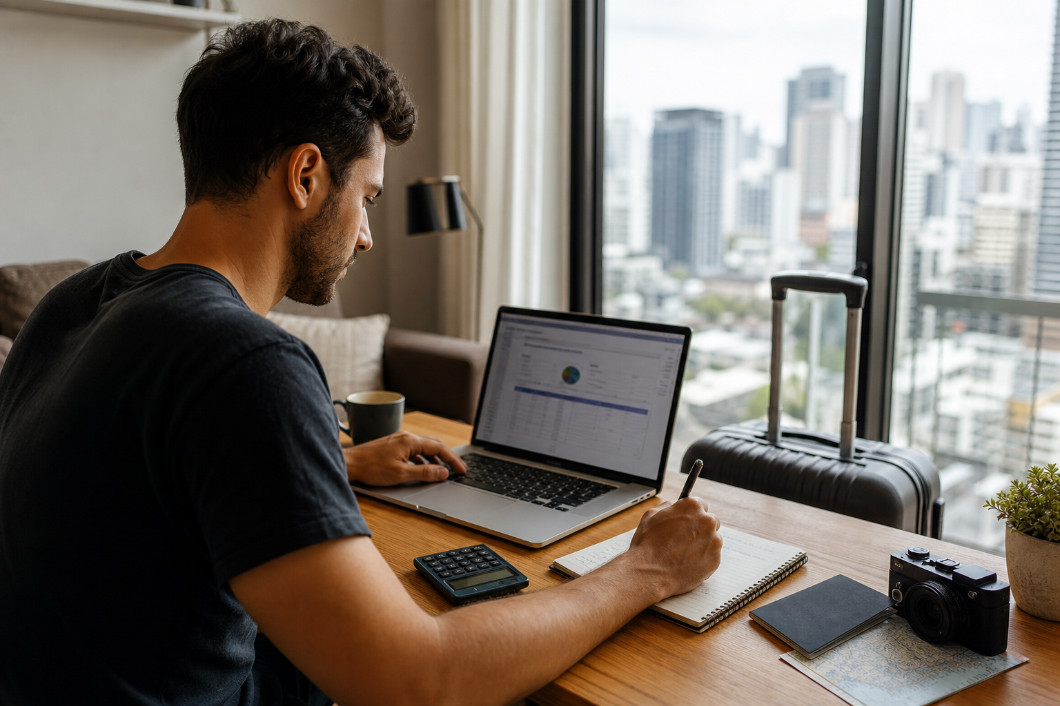 Digital nomad reviewing travel and living expenses at a laptop in a bright apartment