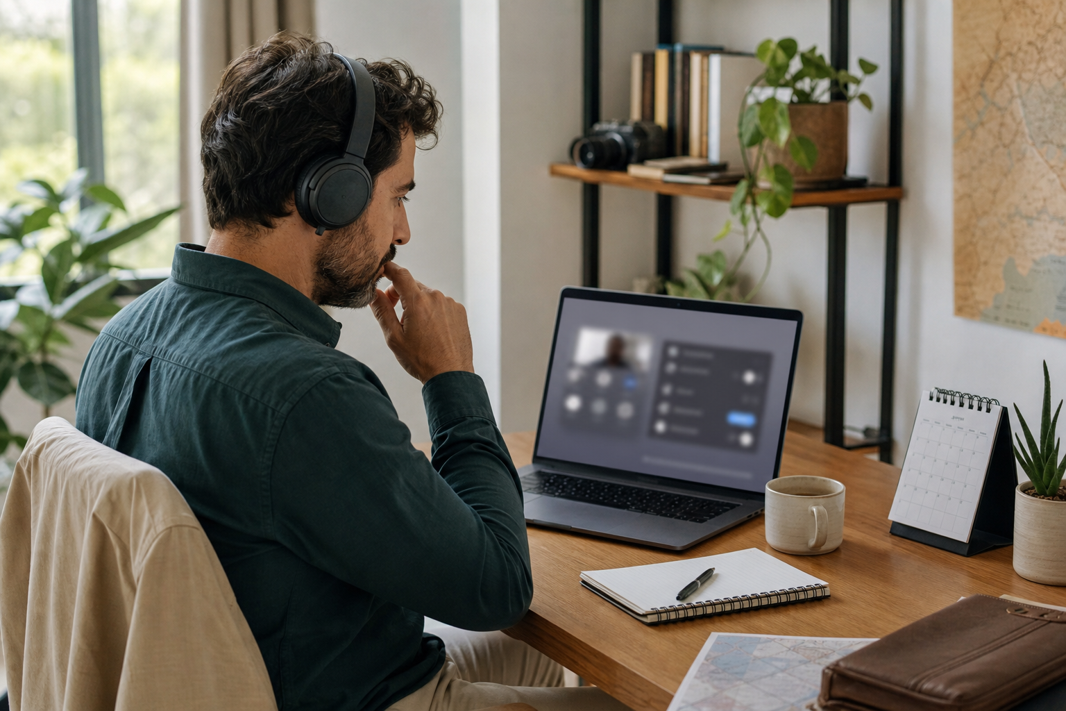 Distributed team member reviewing meeting capture and privacy settings before joining a video call